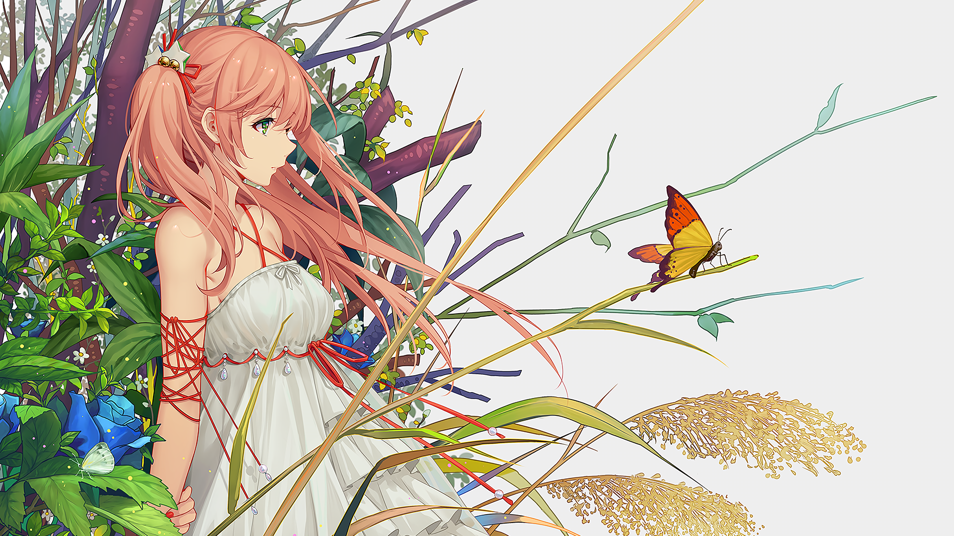 Anime girl with pink hair and butterflies in nature HD Wallpaper