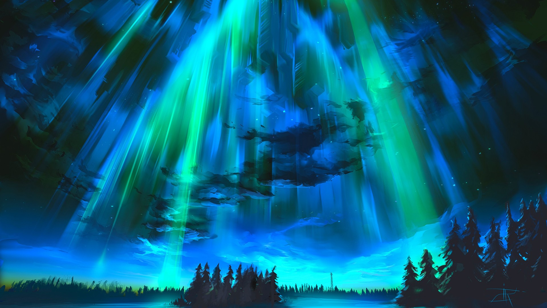 Aurora Borealis over a forest and lake HD Wallpaper