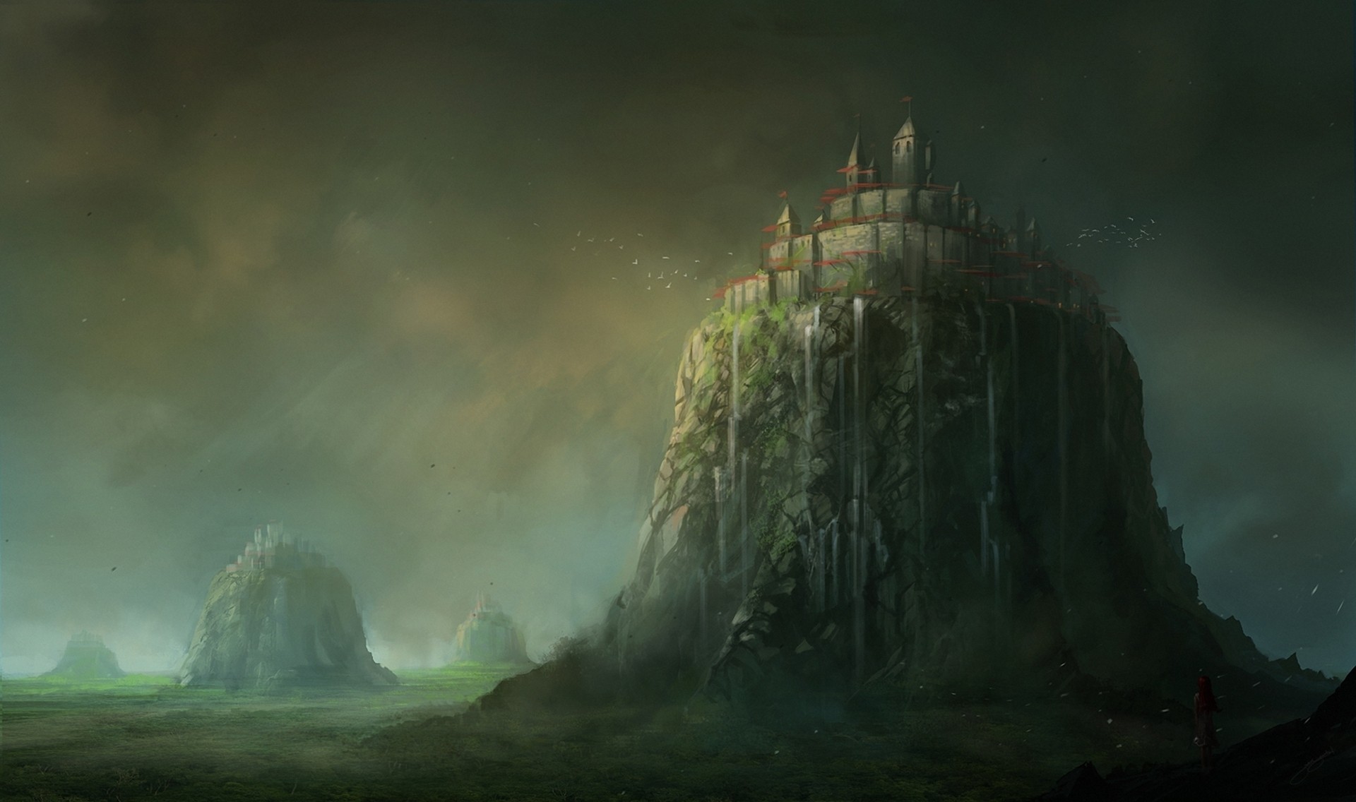 Fantasy castle on a cliff with waterfalls and birds HD Wallpaper
