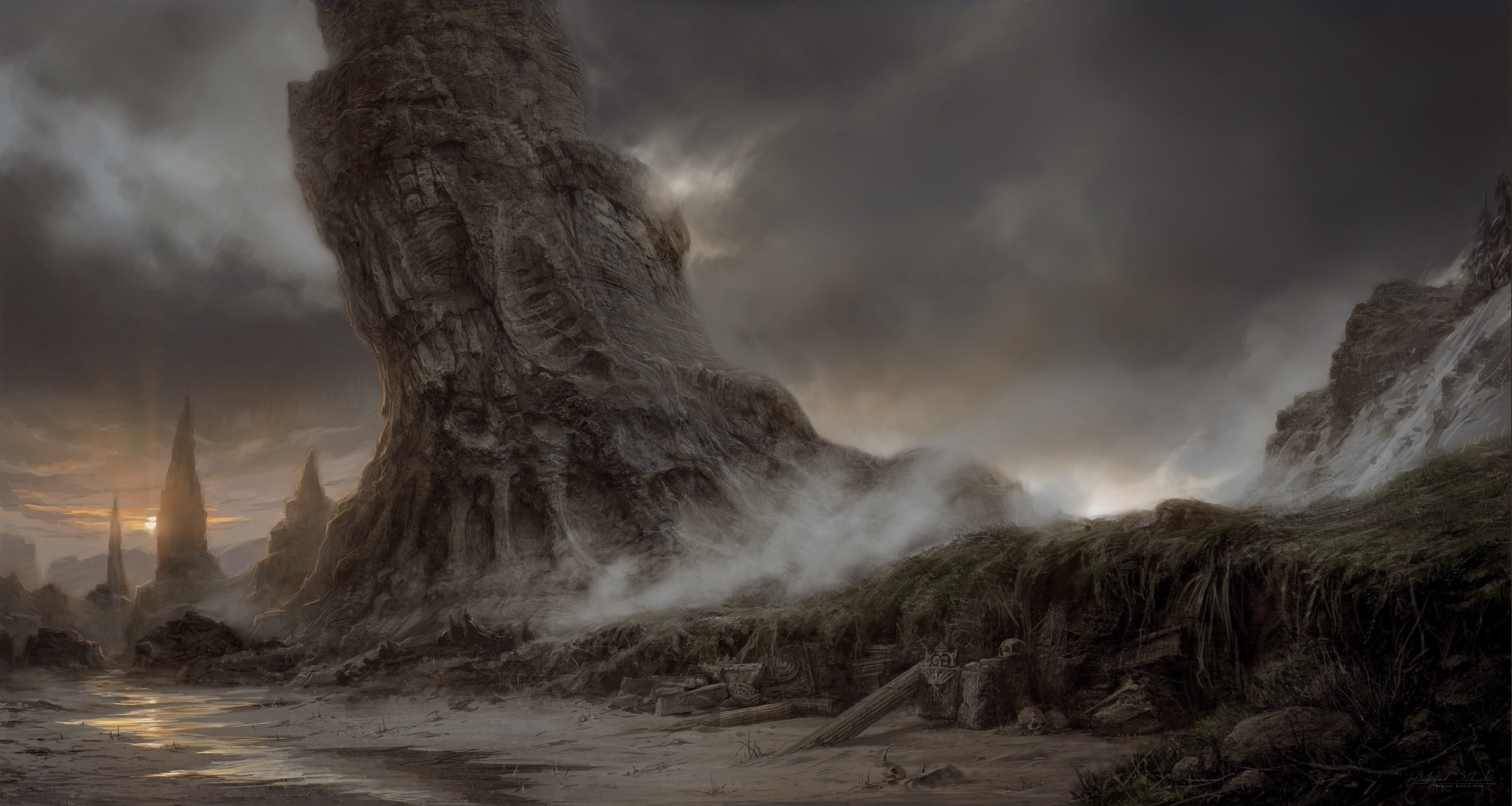 Fantasy landscape with rock formations and water HD Wallpaper