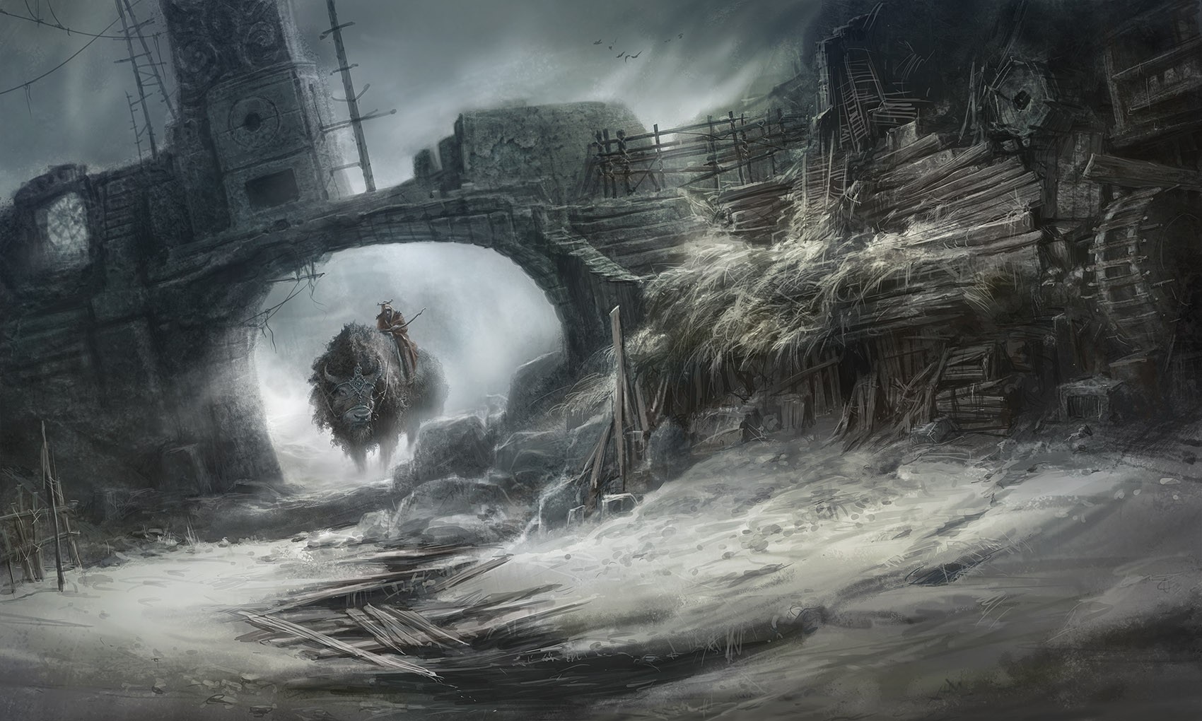 Warrior riding a bison under a ruined bridge HD Wallpaper