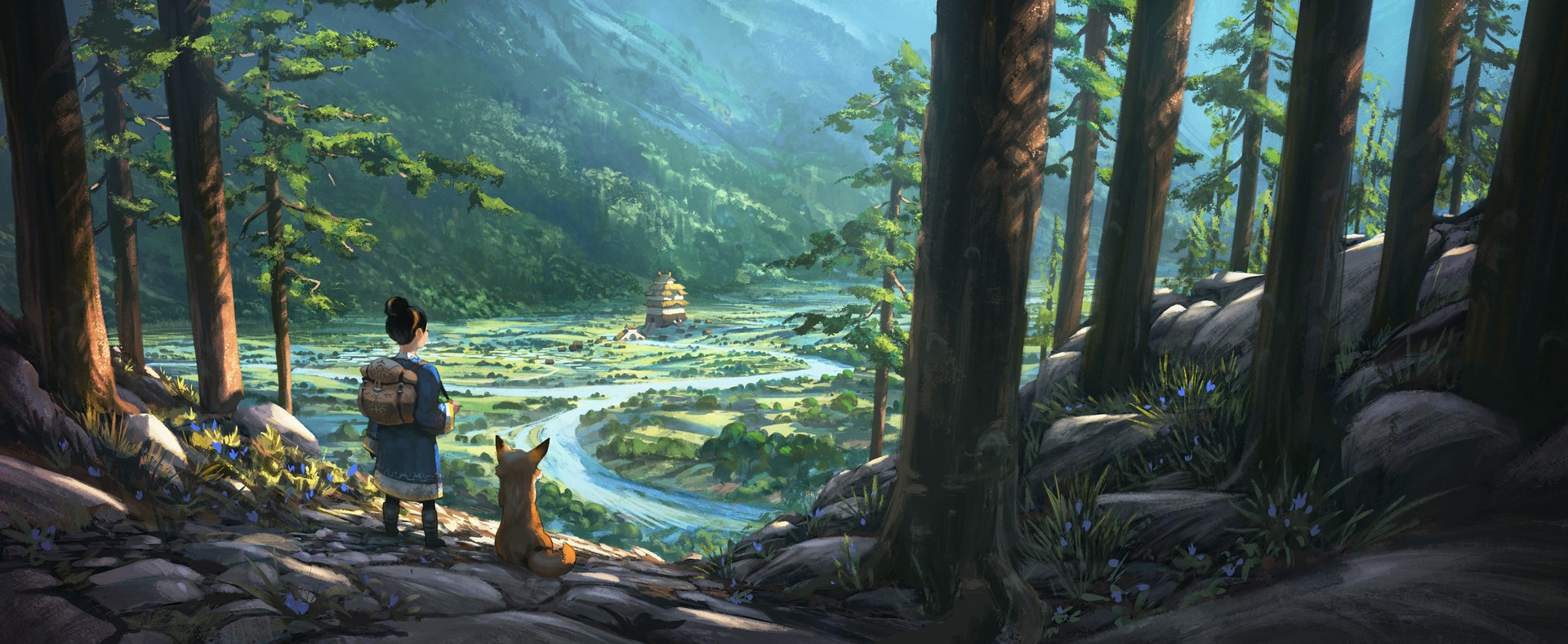 Girl and fox overlooking a valley with a building HD Wallpaper