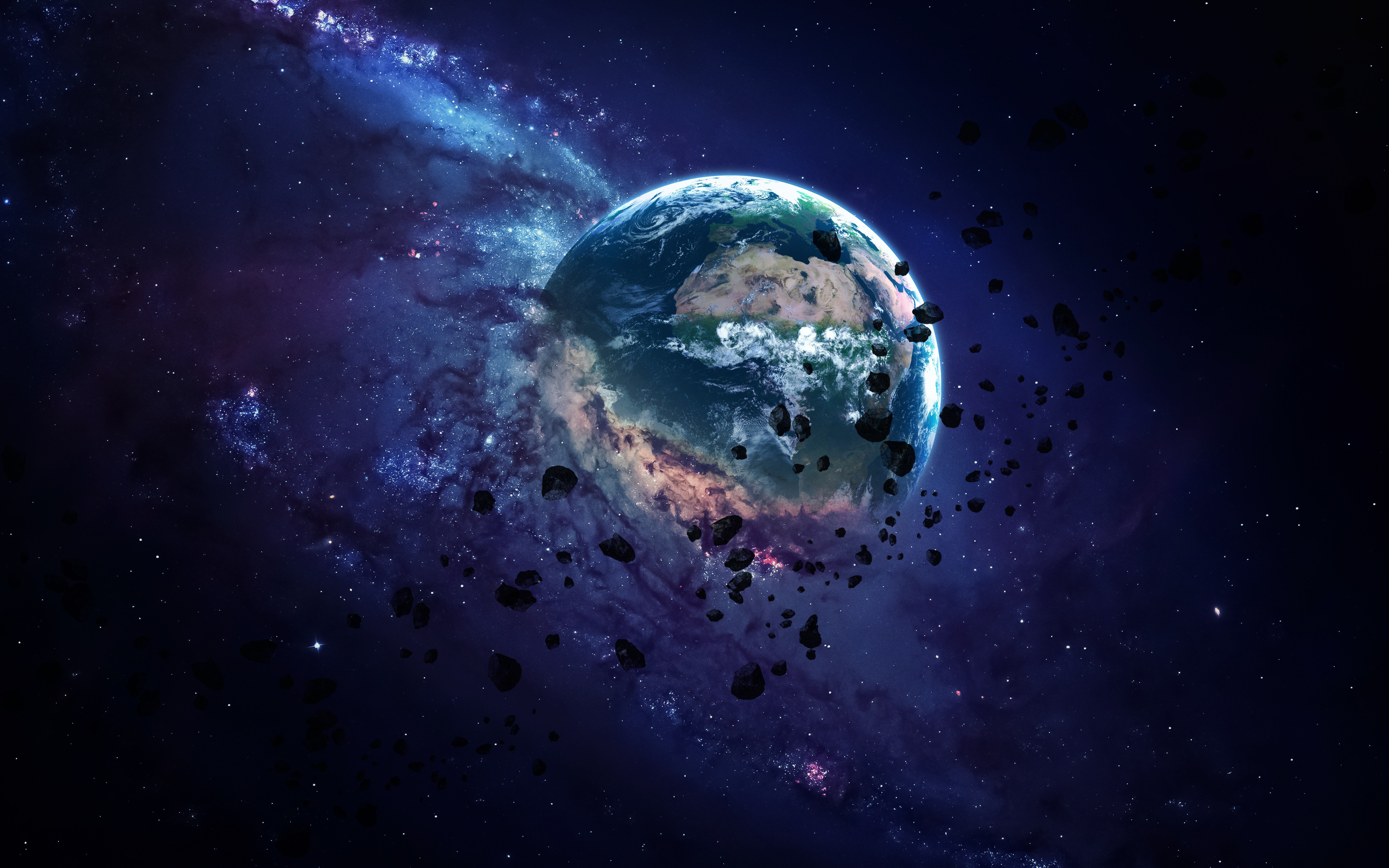 Earth surrounded by asteroids in space with nebula HD Wallpaper