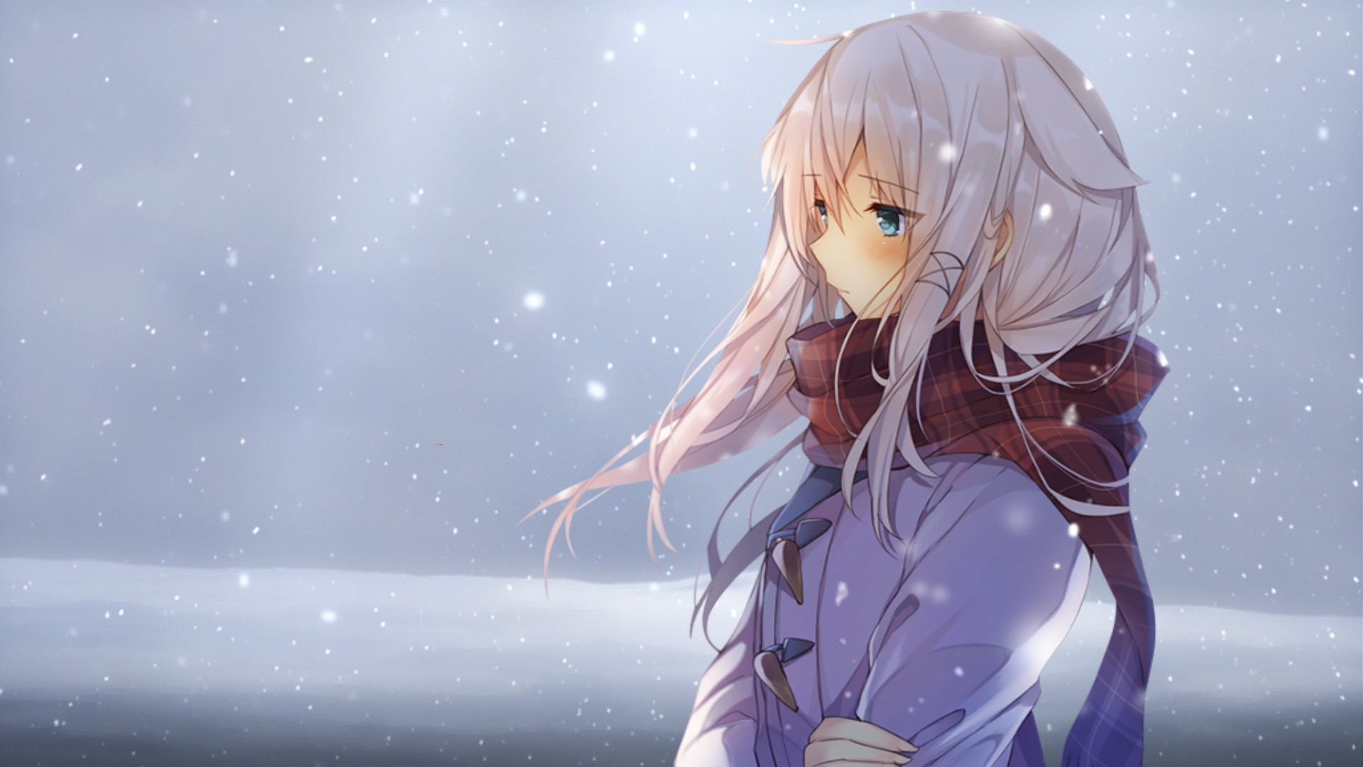 Anime girl with white hair and blue eyes in snow HD Wallpaper