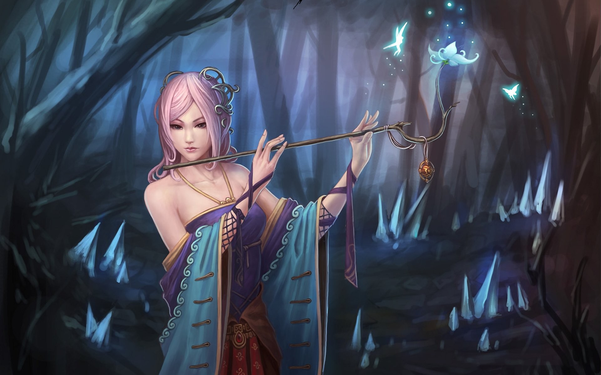 Fantasy art of a woman playing a flute in a forest HD Wallpaper