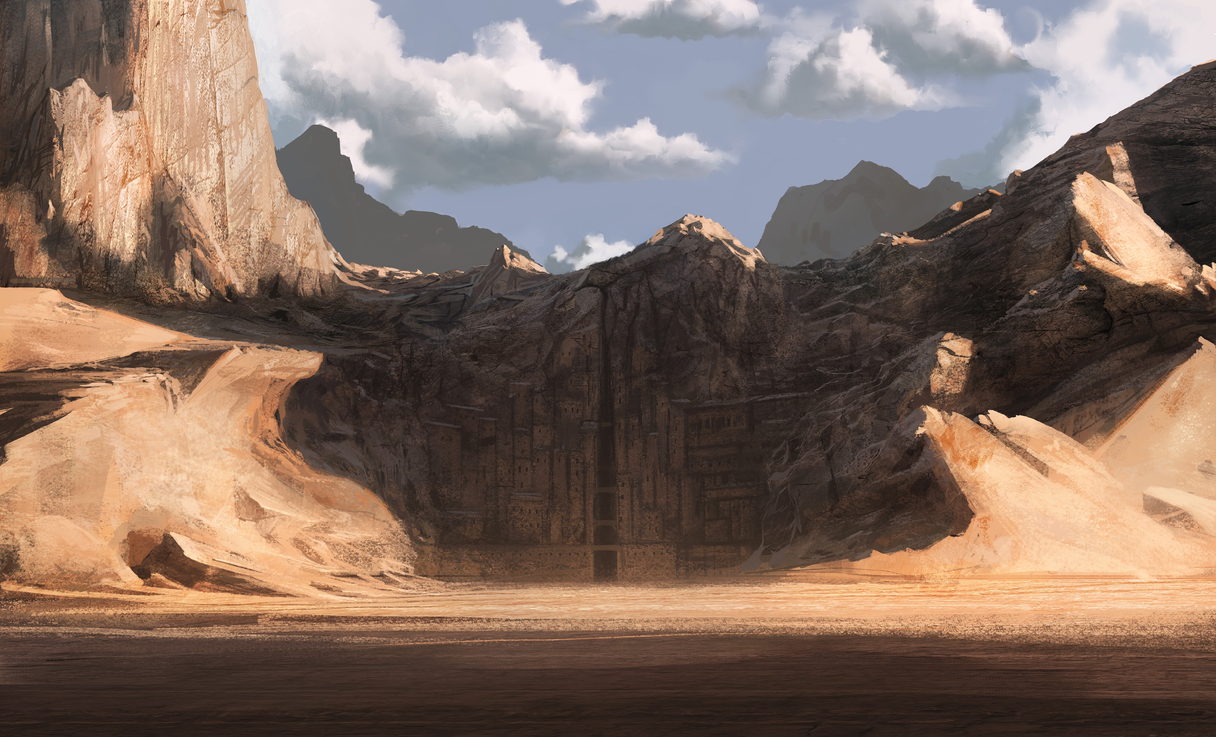 Apocalyptic desert canyon with ancient ruins HD Wallpaper
