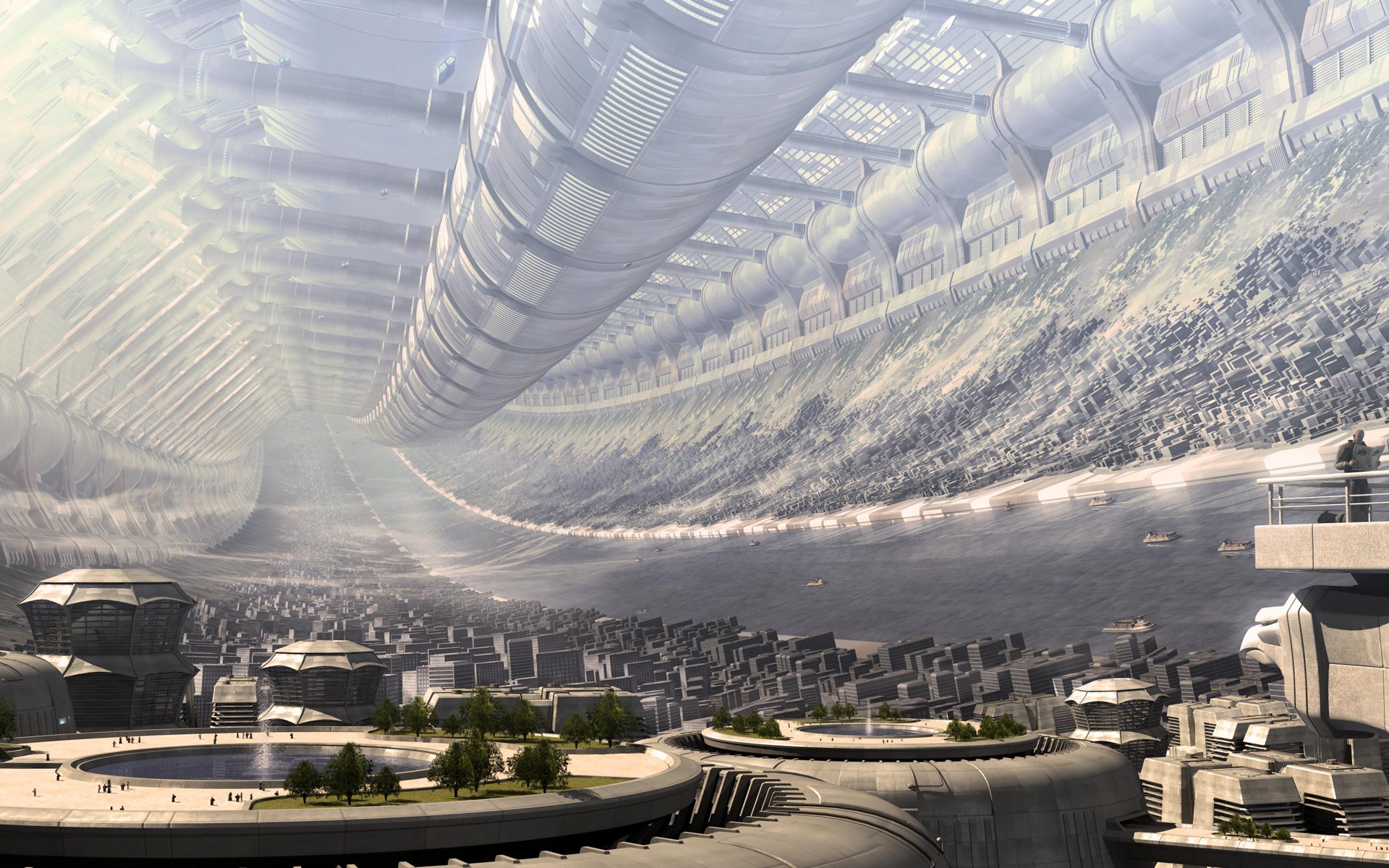 Futuristic city inside a massive cylindrical structure HD Wallpaper