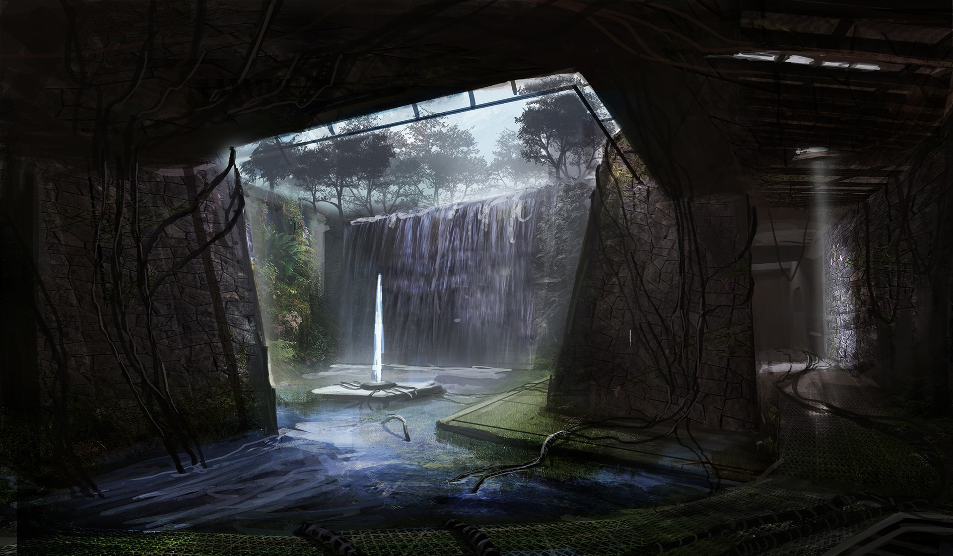 Futuristic apocalyptic overgrown ruins with waterfall HD Wallpaper