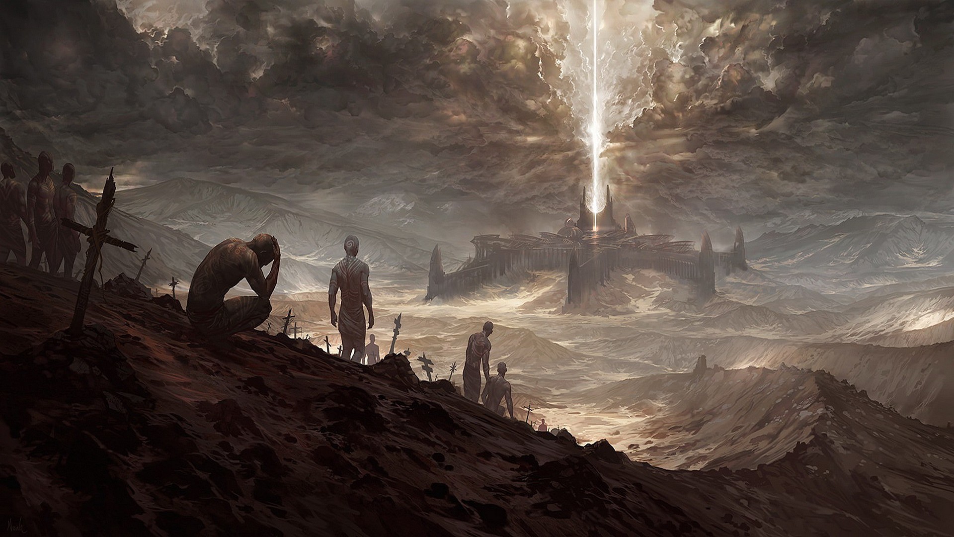 Apocalyptic landscape with figures and a glowing structure HD Wallpaper