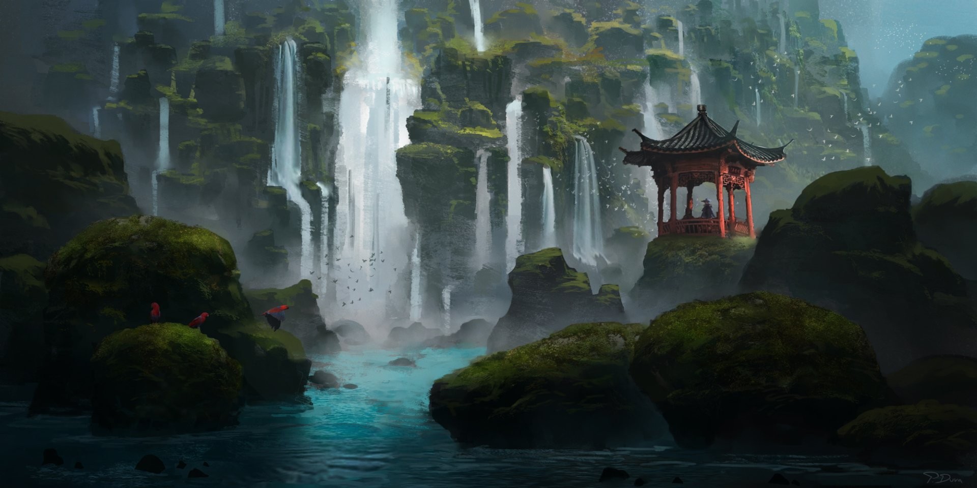 Waterfall with a traditional pavilion and mossy rocks HD Wallpaper