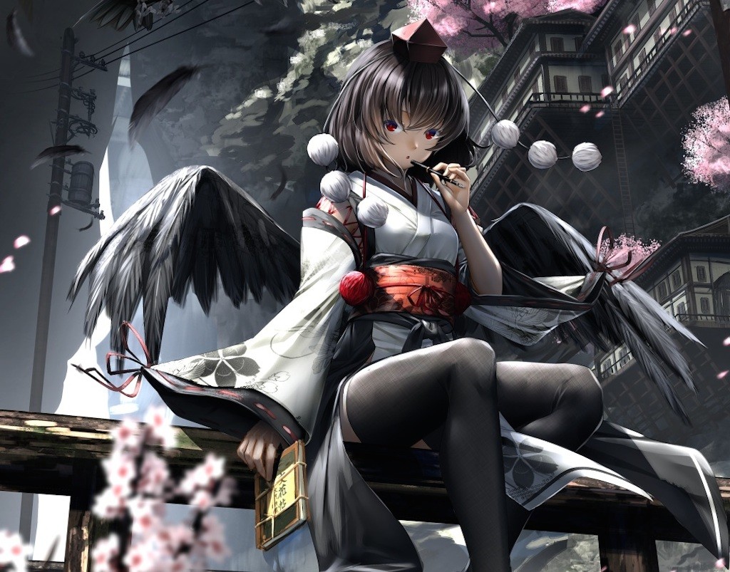 Shameimaru Aya from Touhou with wings HD Wallpaper