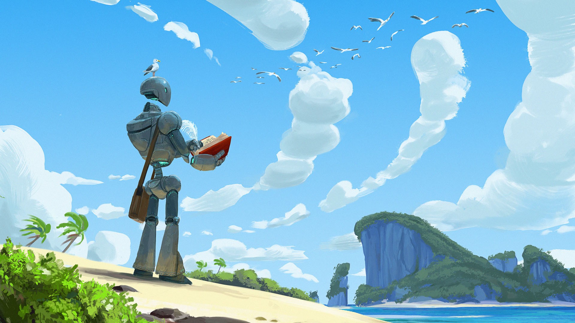 Doty the robot from Critical Role reading a book on a beach HD Wallpaper
