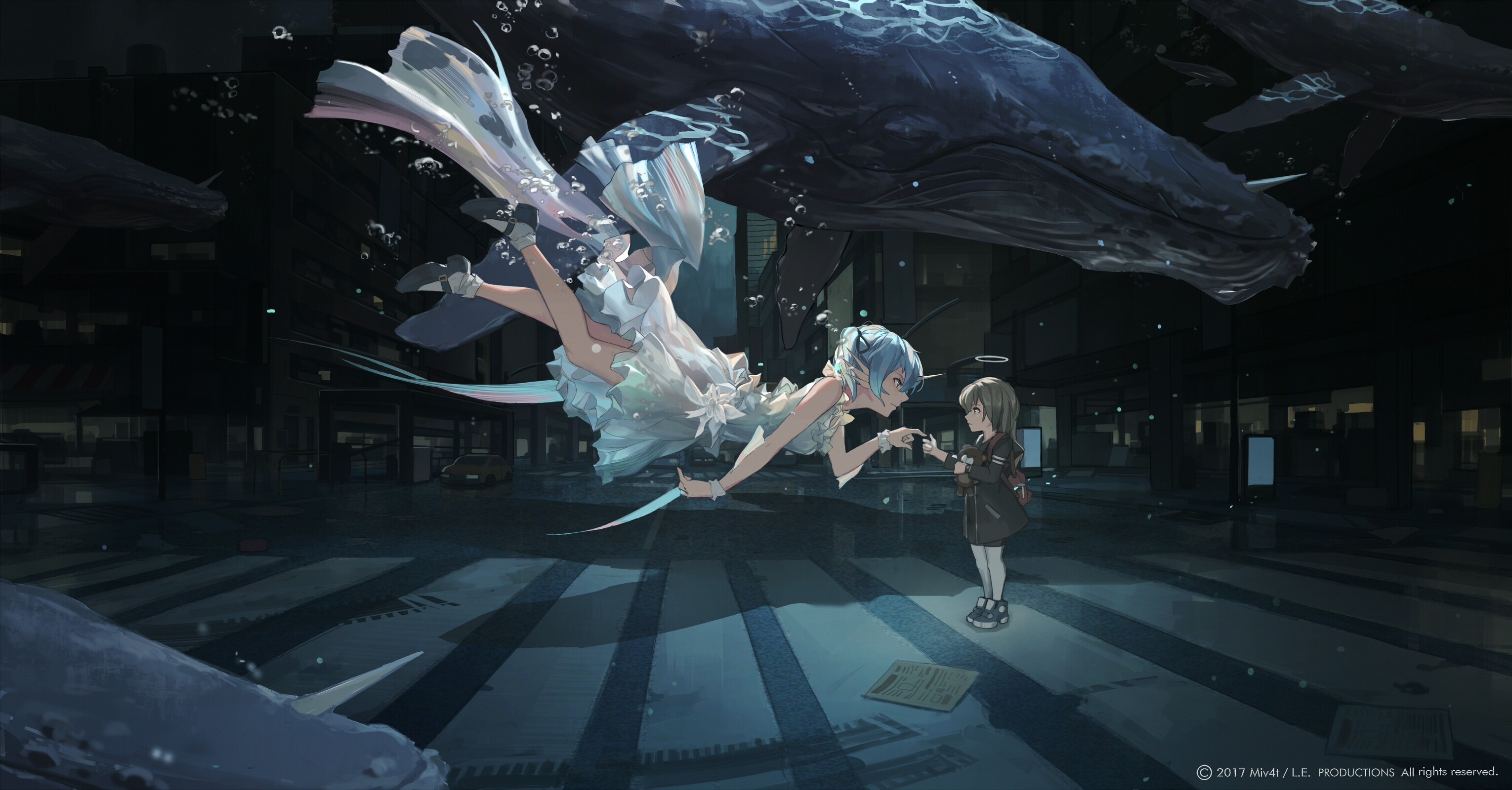 see-through clothing, pointed ears, horns, anime girls, white dress, Miv4t, anime HD Wallpaper