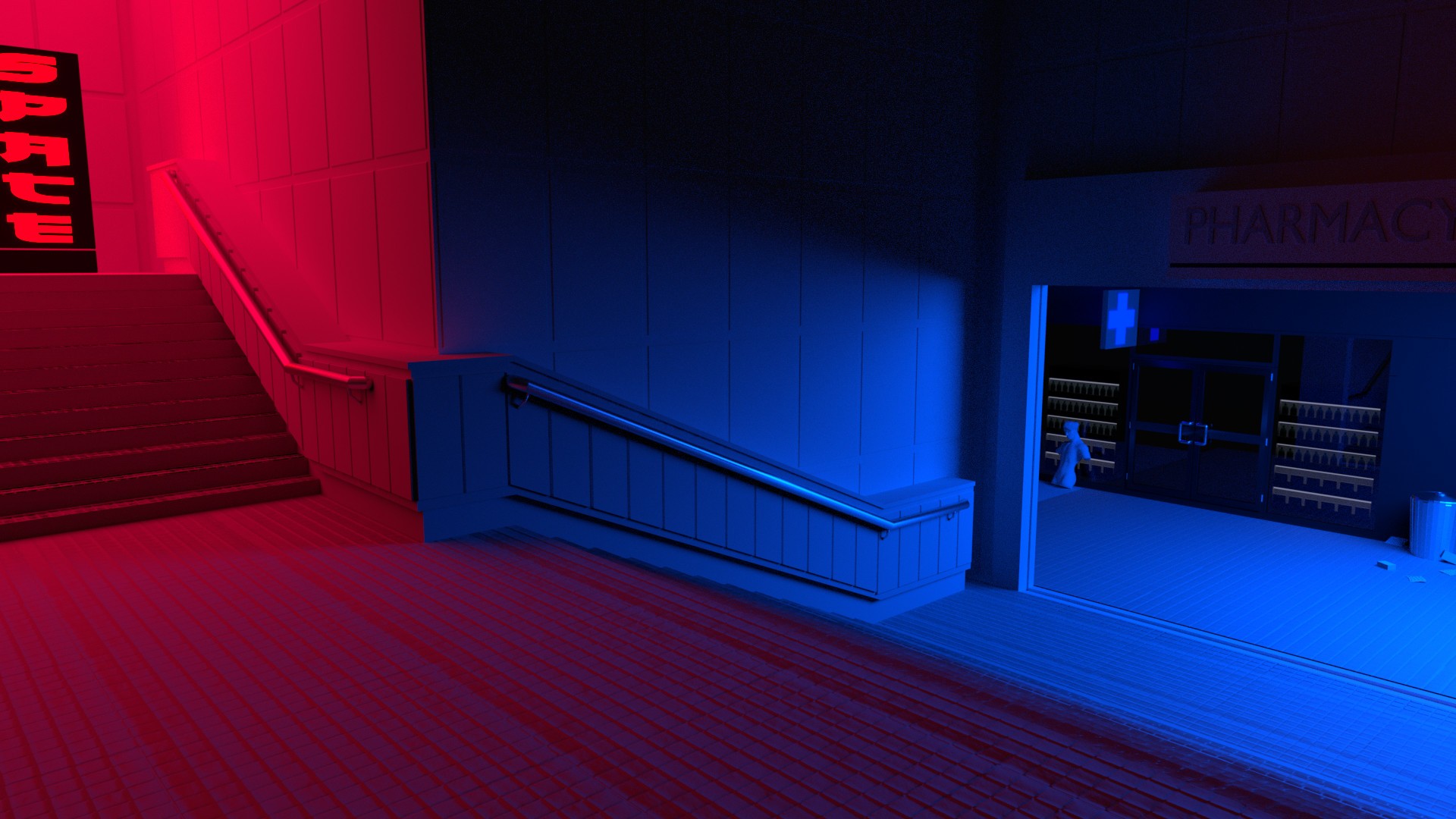 Vaporwave aesthetic with red and blue lighting on stairs and pharmacy entrance HD Wallpaper