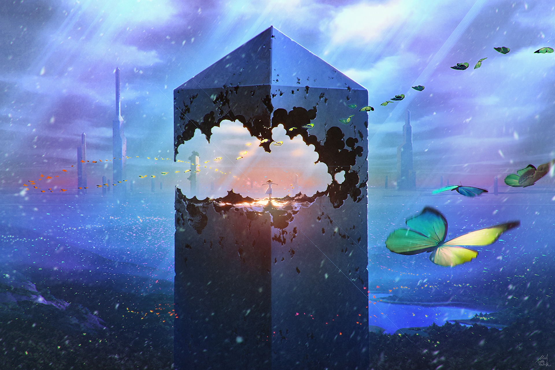Fantasy landscape with obelisk and butterflies HD Wallpaper