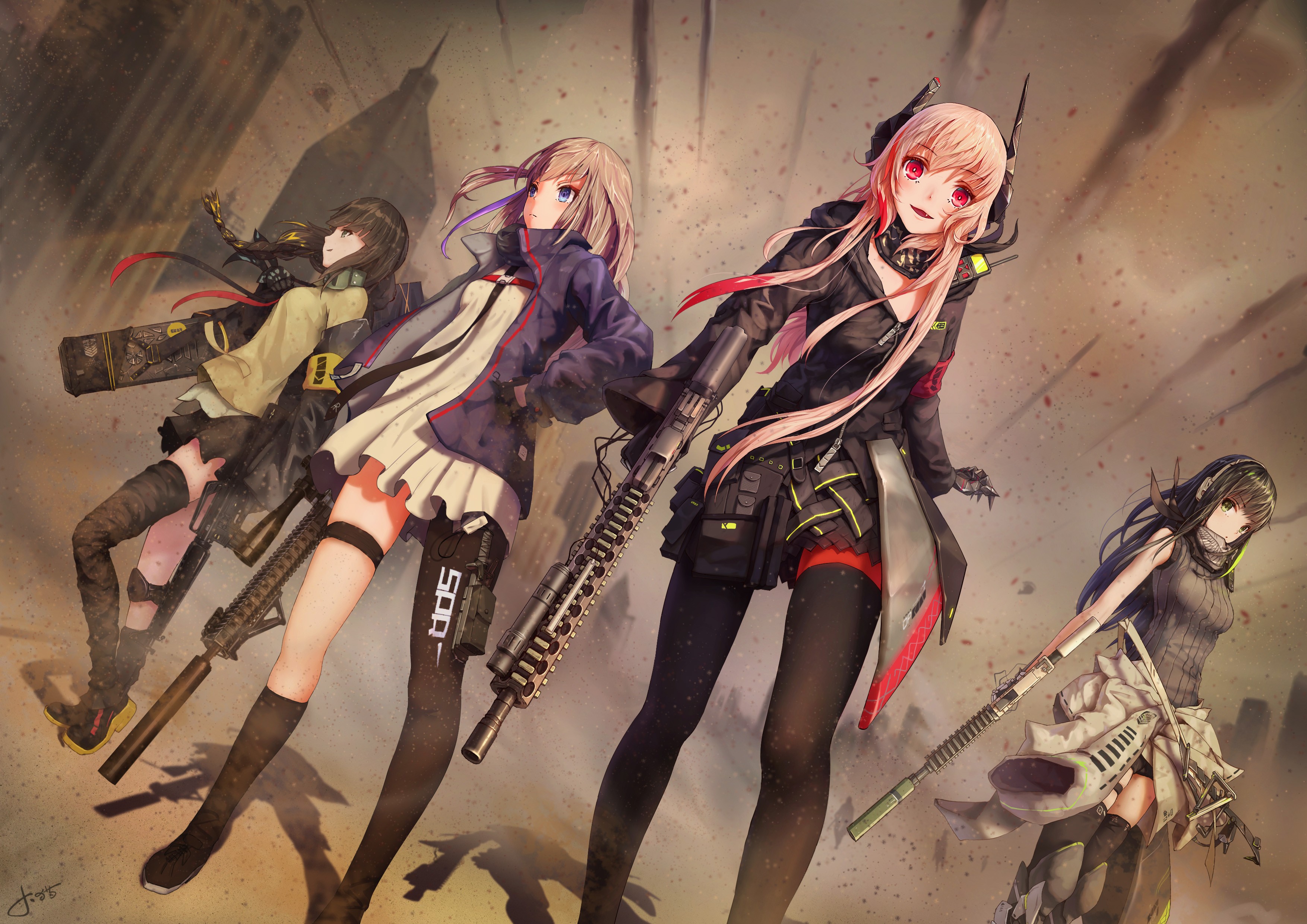 Four anime girls with weapons in a destroyed city HD Wallpaper