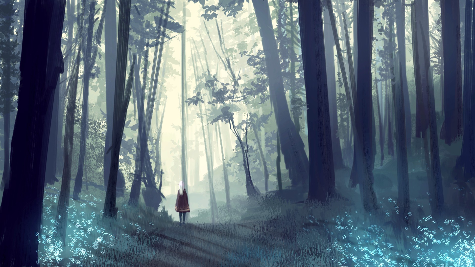 Anime girl walking in a misty forest HD Wallpaper