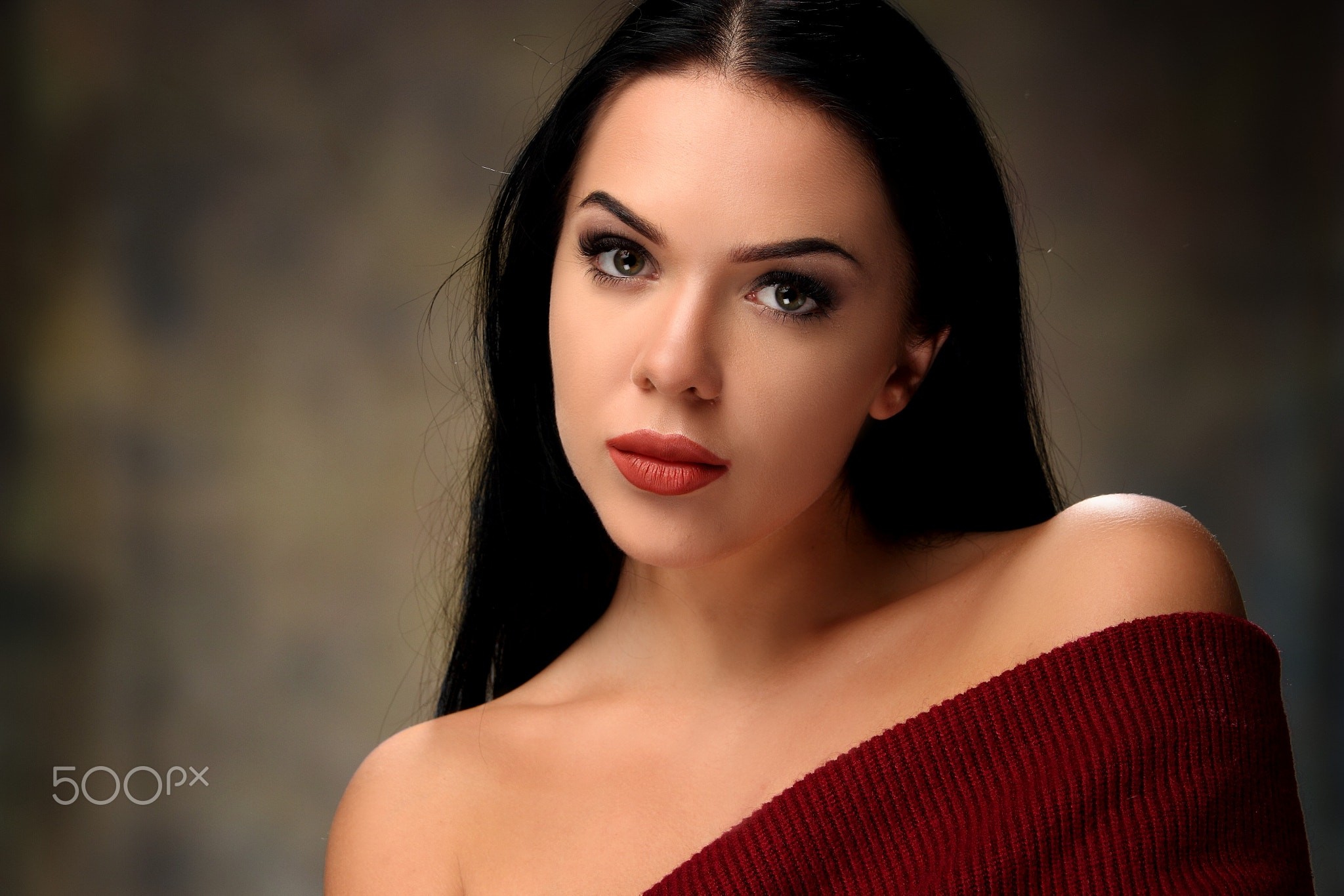 Woman with dark hair and red sweater HD Wallpaper
