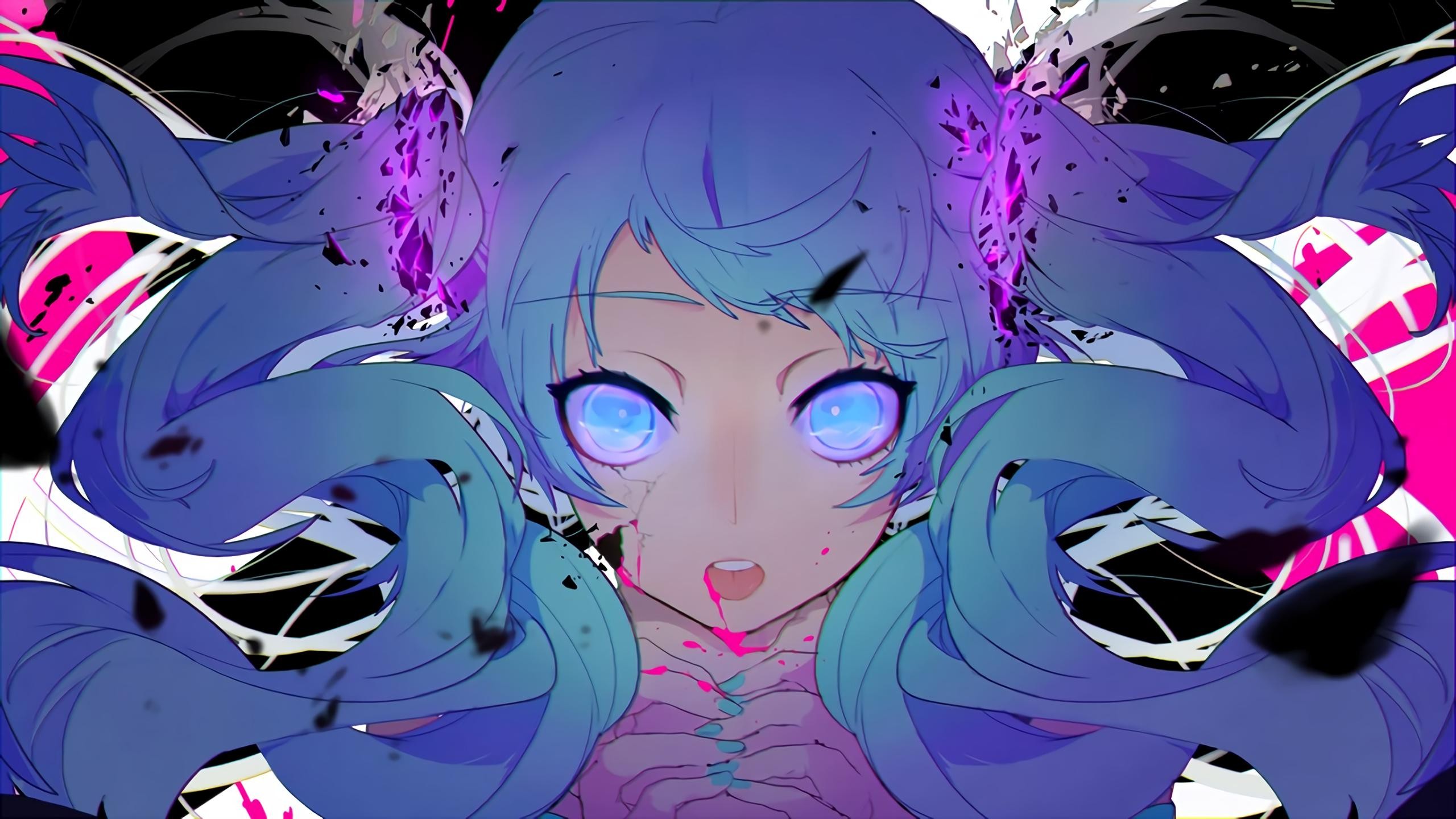 Anime girl with glowing eyes and blue hair HD Wallpaper