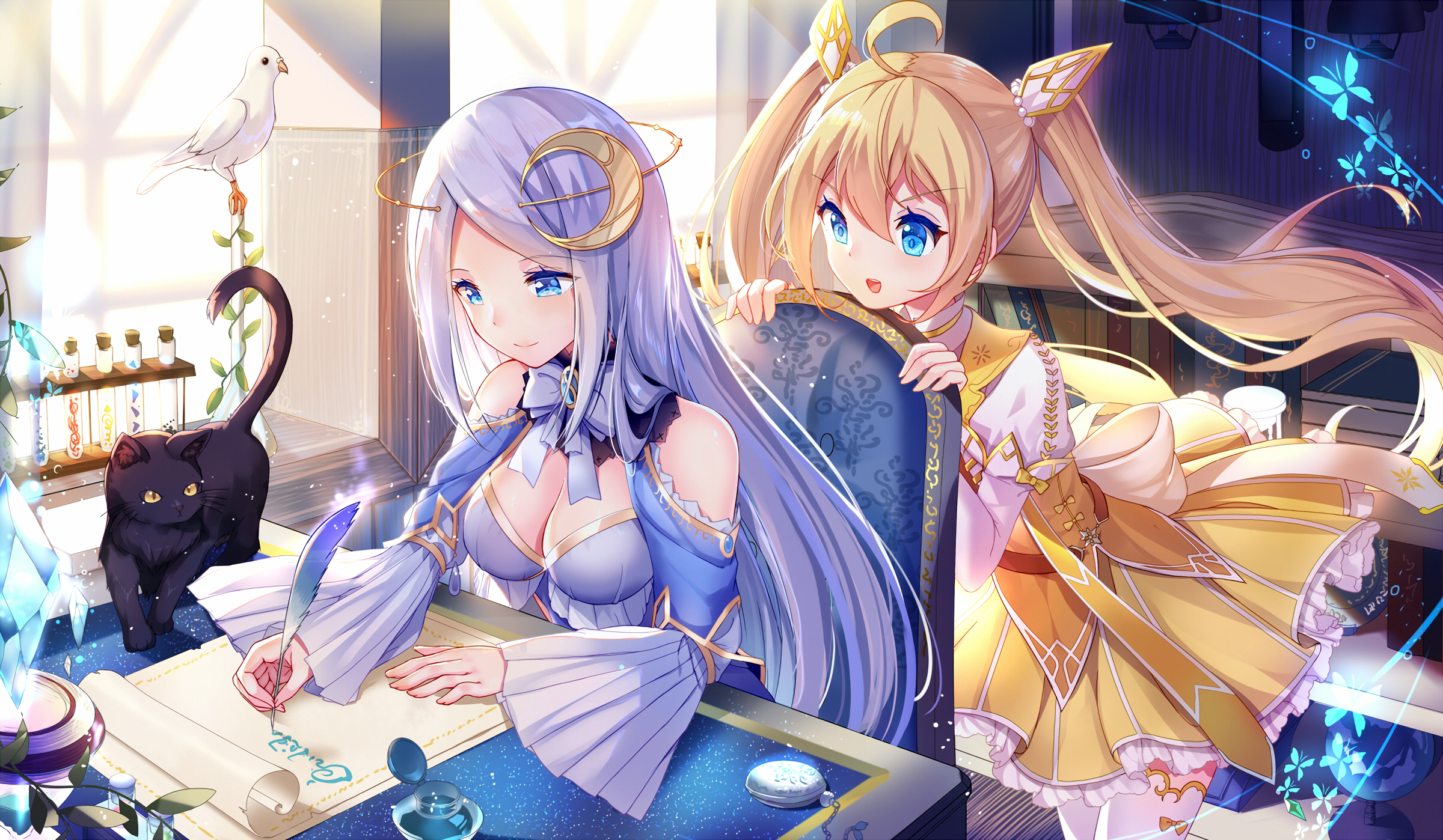 Two anime girls with a cat and a dove HD Wallpaper