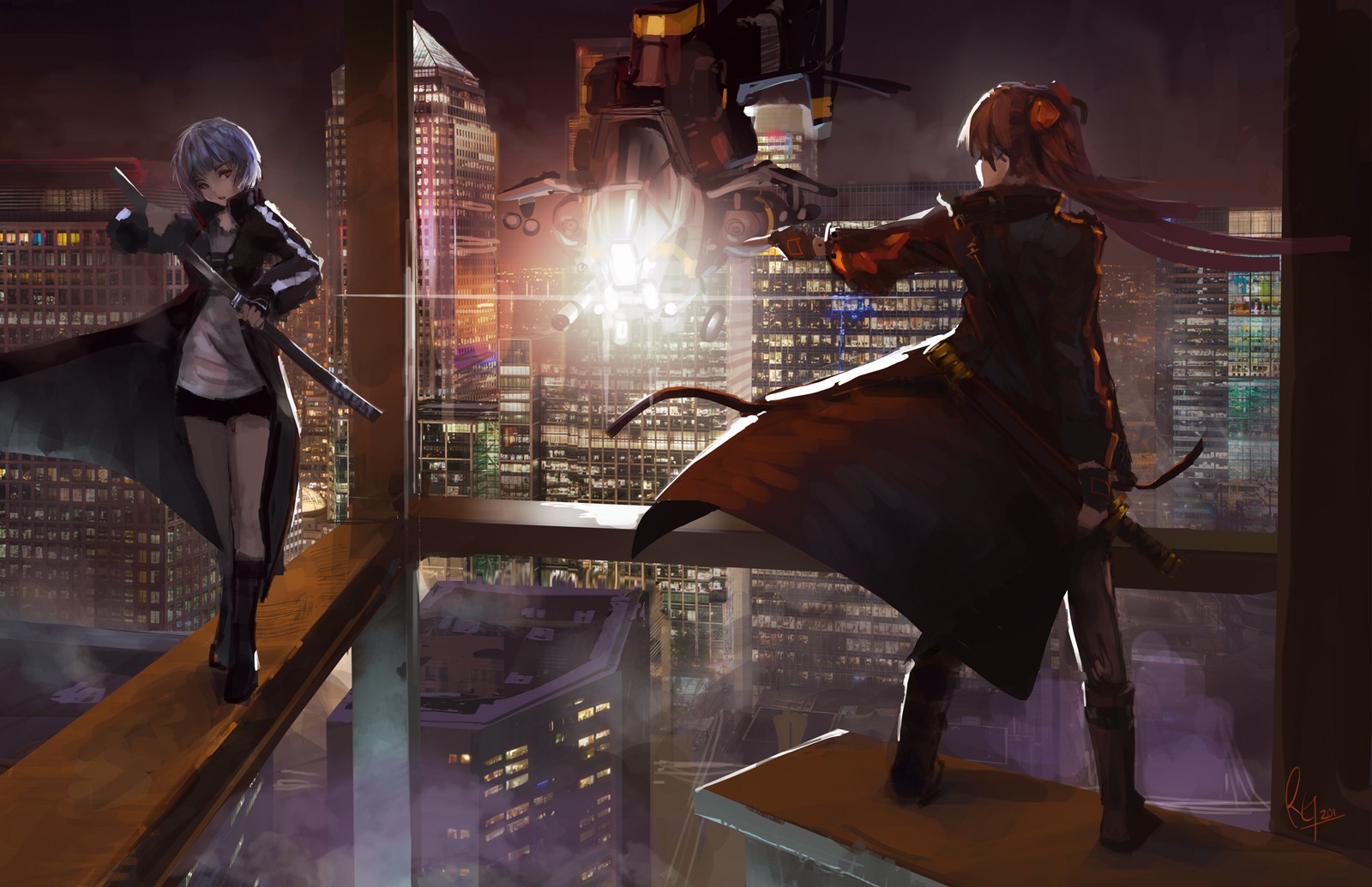 Anime girls with swords on a rooftop overlooking a city HD Wallpaper