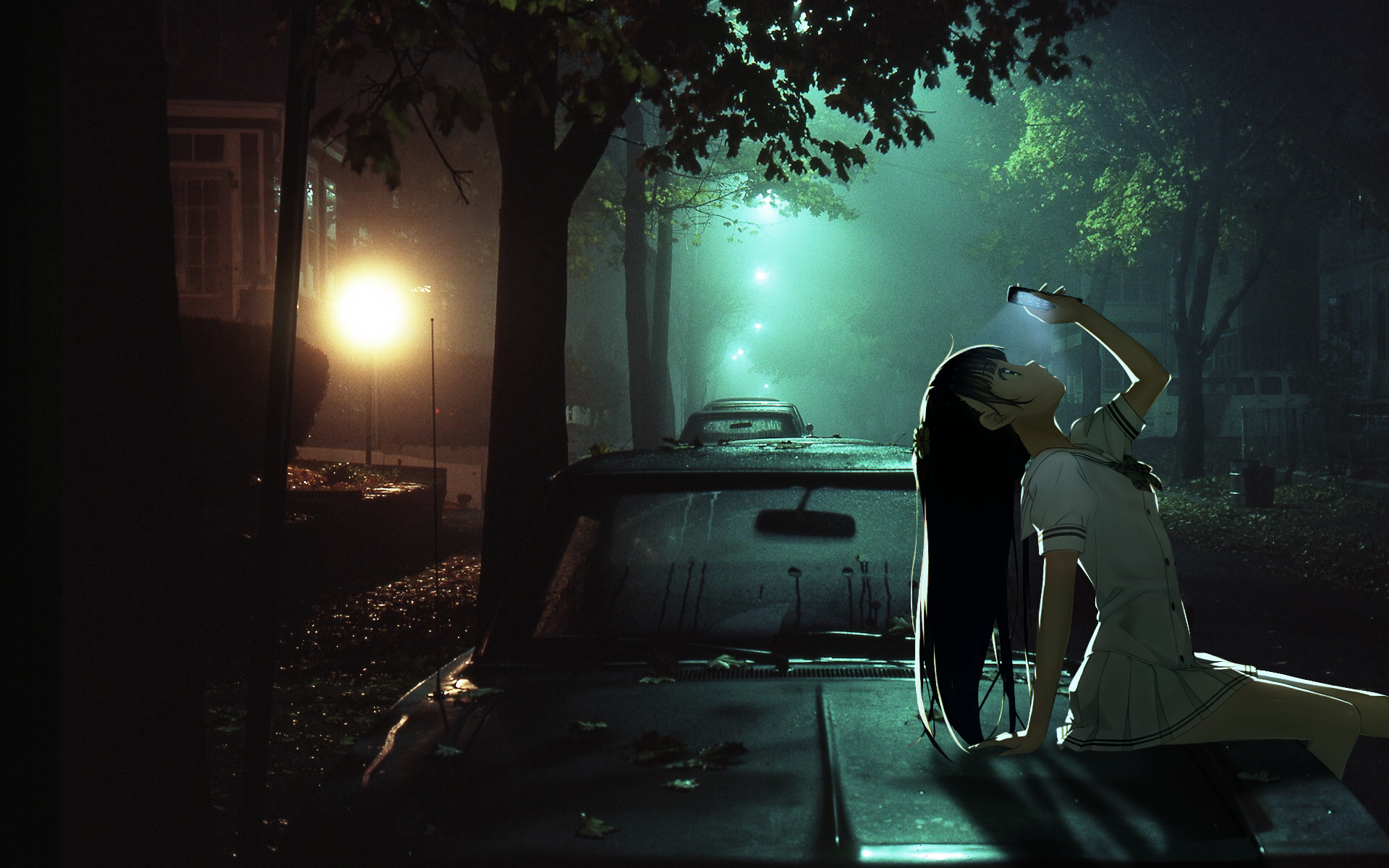 Anime girl with flashlight on car at night HD Wallpaper