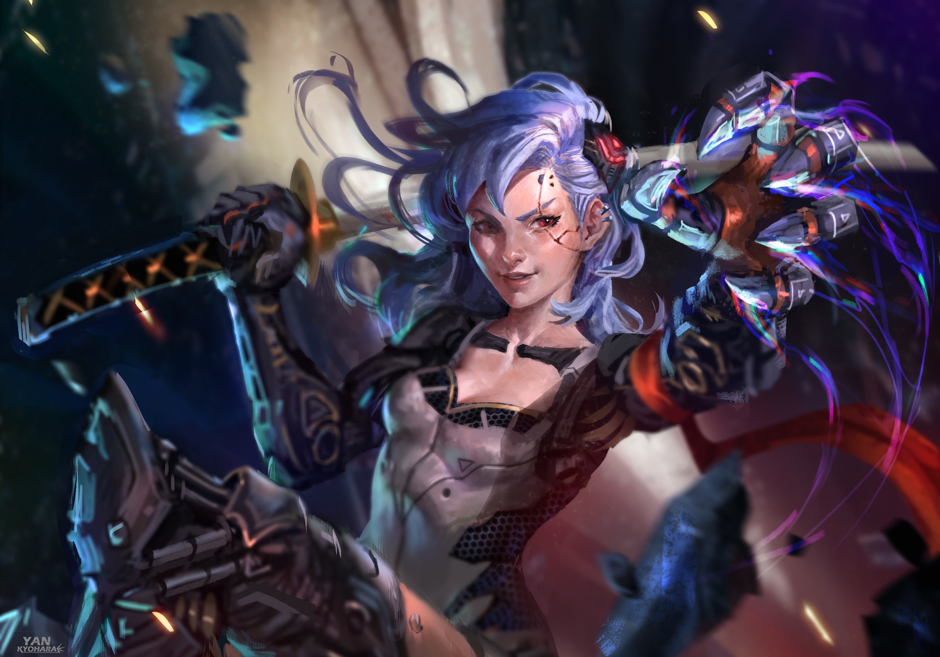 Cyberpunk warrior with sword and cybernetic arm HD Wallpaper