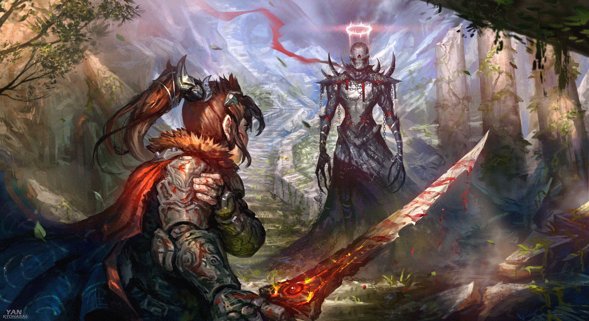 Warrior with flaming sword facing skeletal demon HD Wallpaper