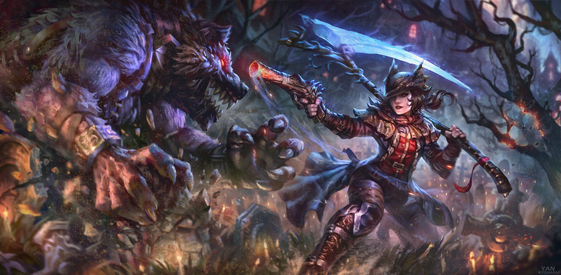 Woman fighting a werewolf with a gun and scythe HD Wallpaper