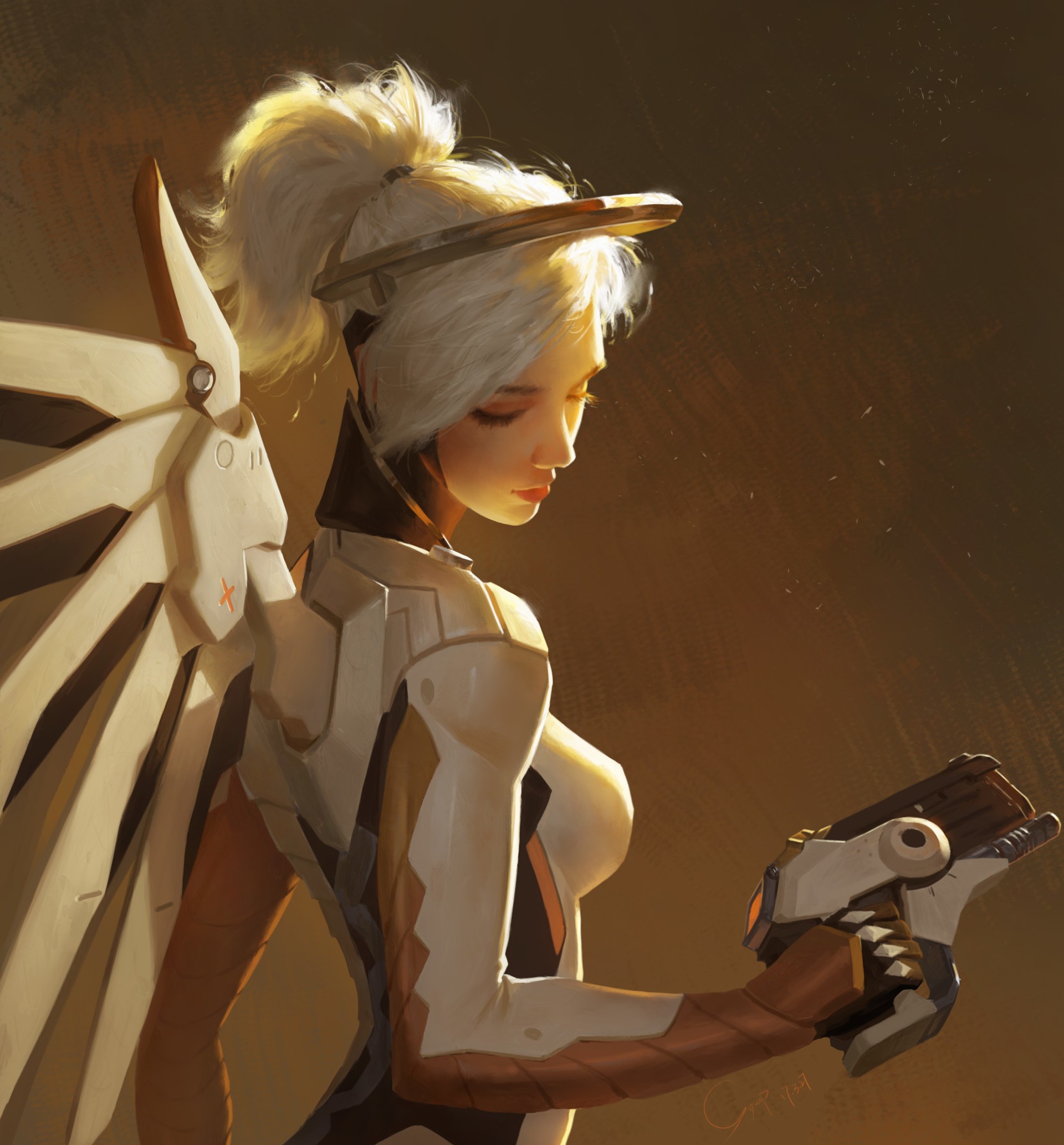 Mercy from Overwatch holding a pistol HD Wallpaper
