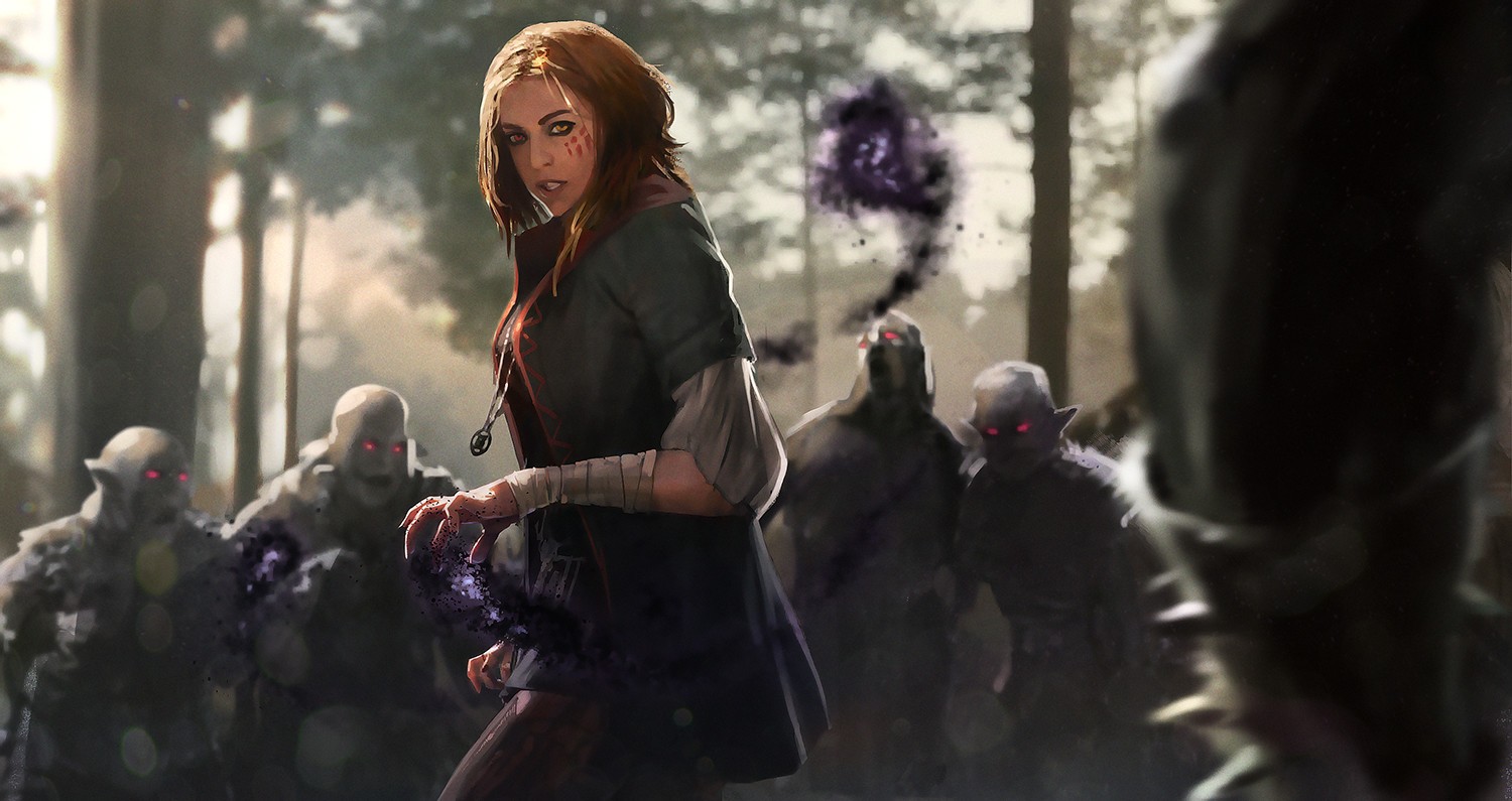 Woman casting magic against goblins in forest HD Wallpaper