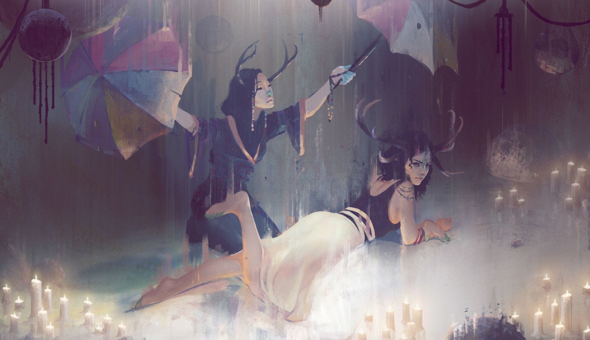 Two women with antlers in the rain with umbrellas and candles HD Wallpaper