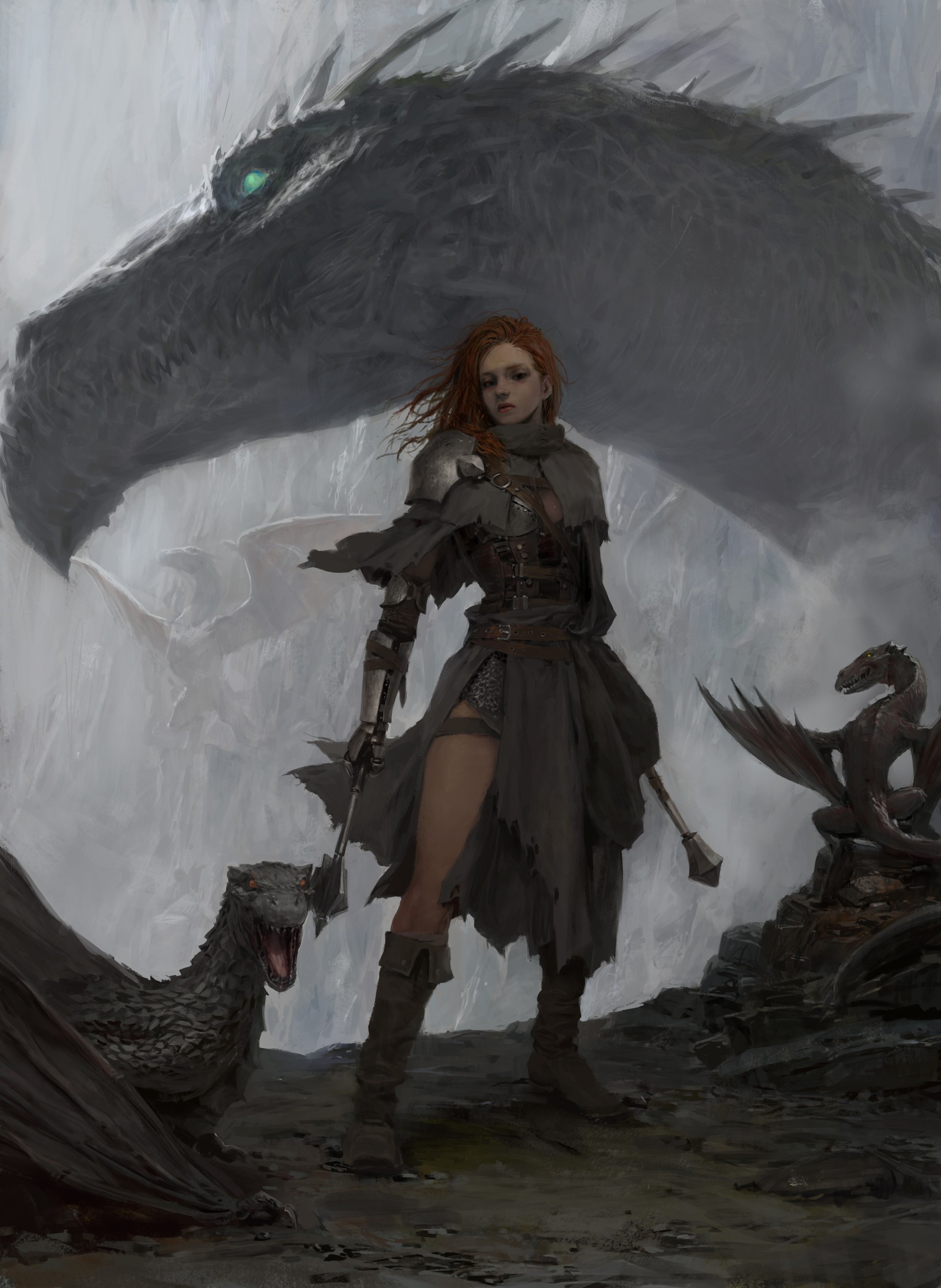 Warrior woman with dragons in a fantasy landscape HD Wallpaper