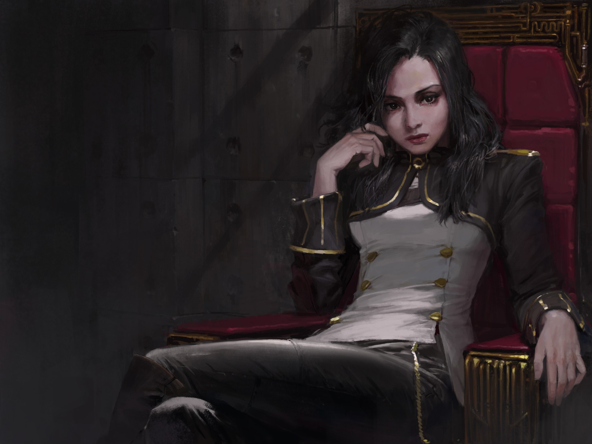 Woman in uniform sitting on a throne HD Wallpaper
