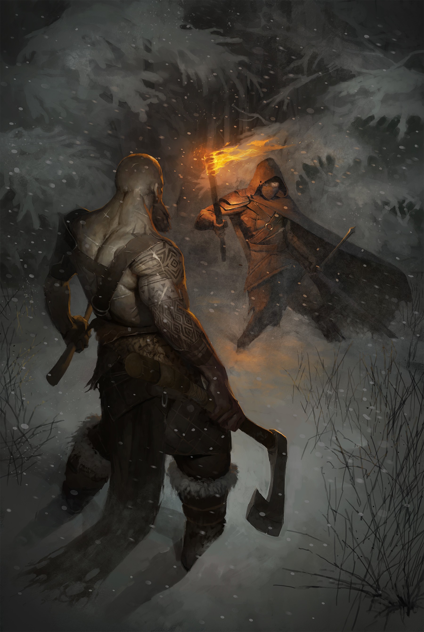 Warrior with axe facing hooded figure with torch in snow HD Wallpaper