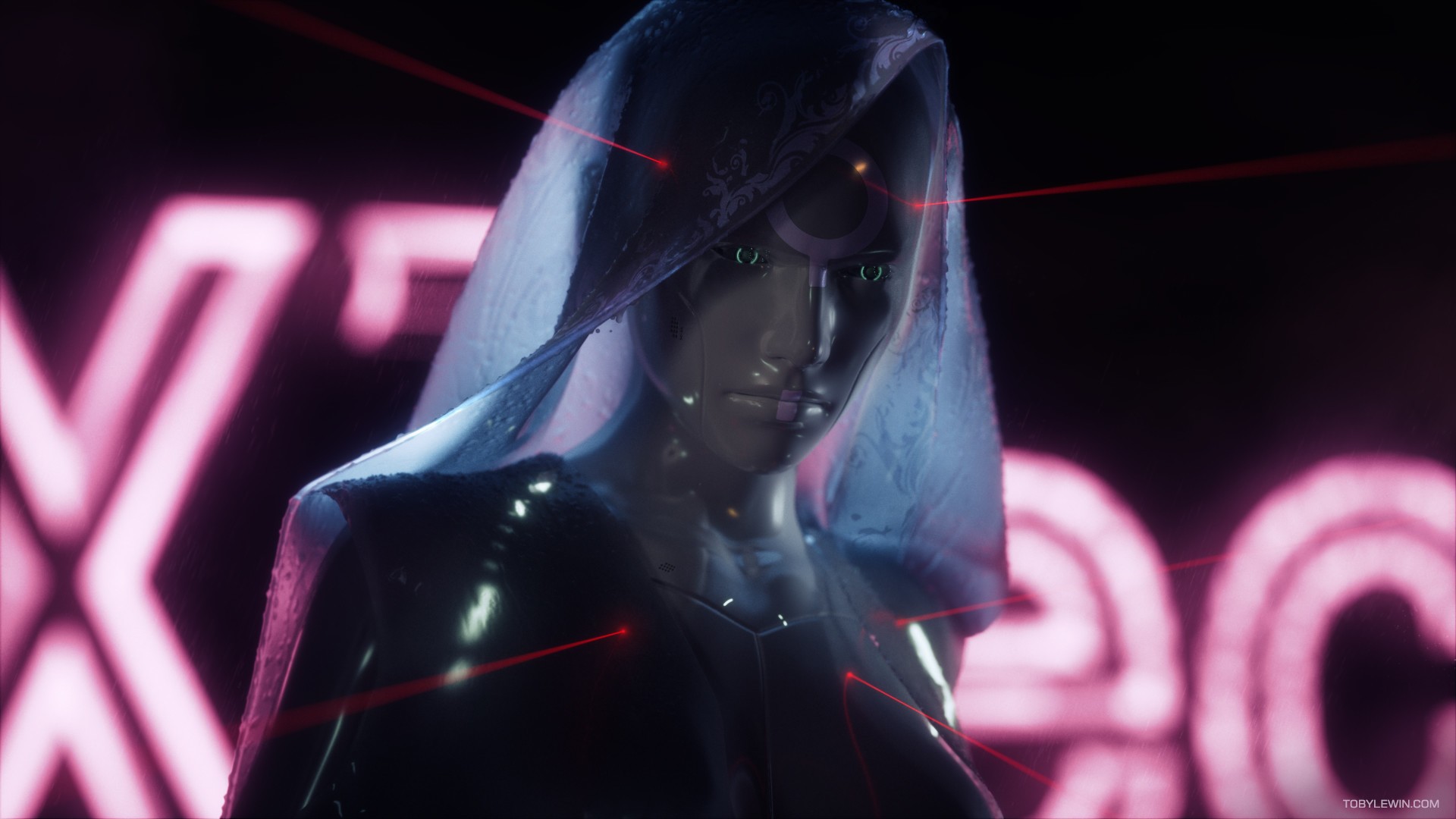 Cyberpunk android with lasers and neon HD Wallpaper