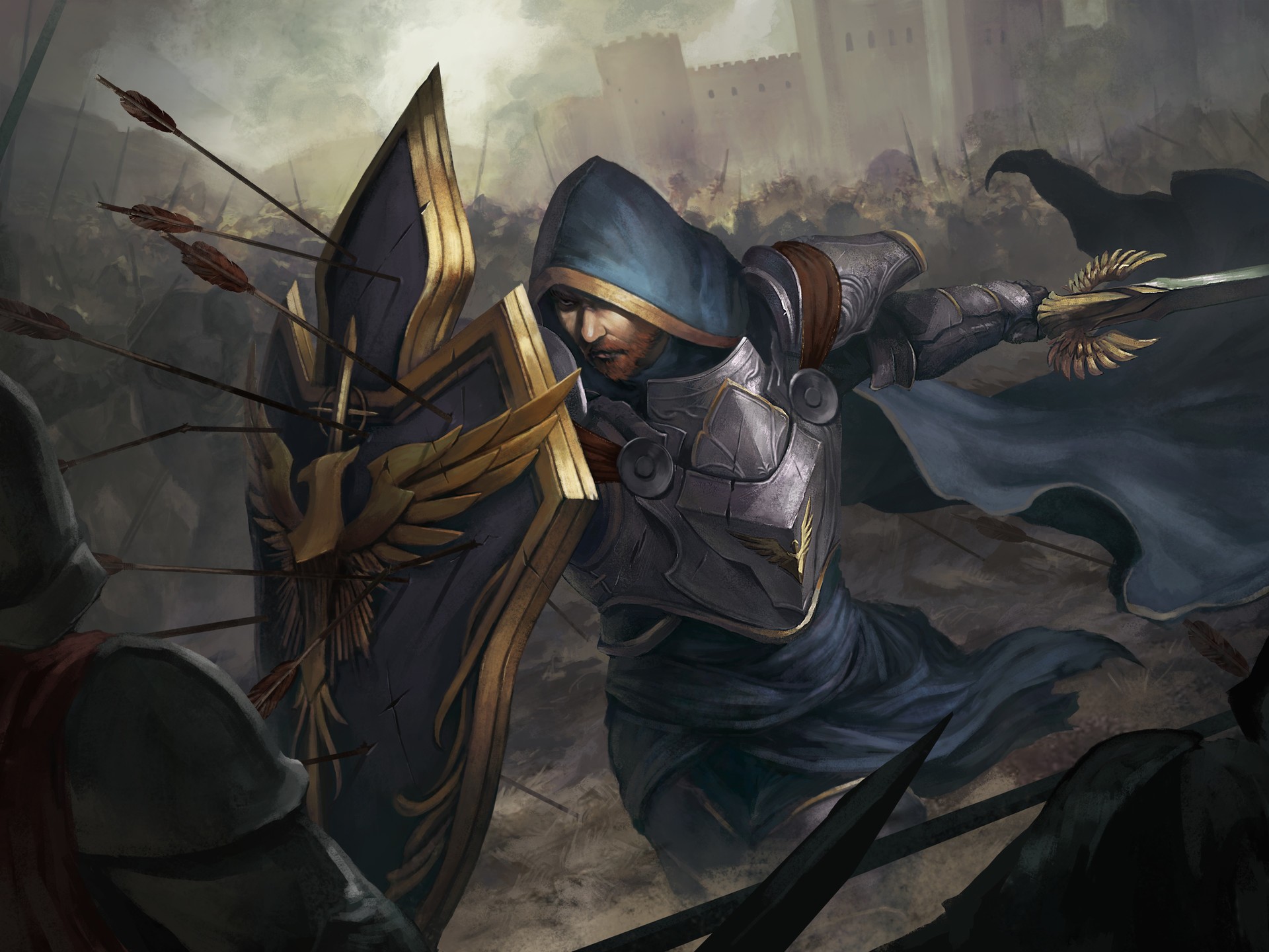 Fantasy warrior with shield and sword in battle HD Wallpaper