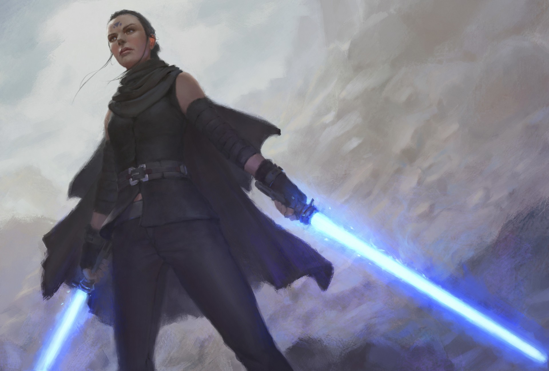 Warrior with two blue lightsabers HD Wallpaper