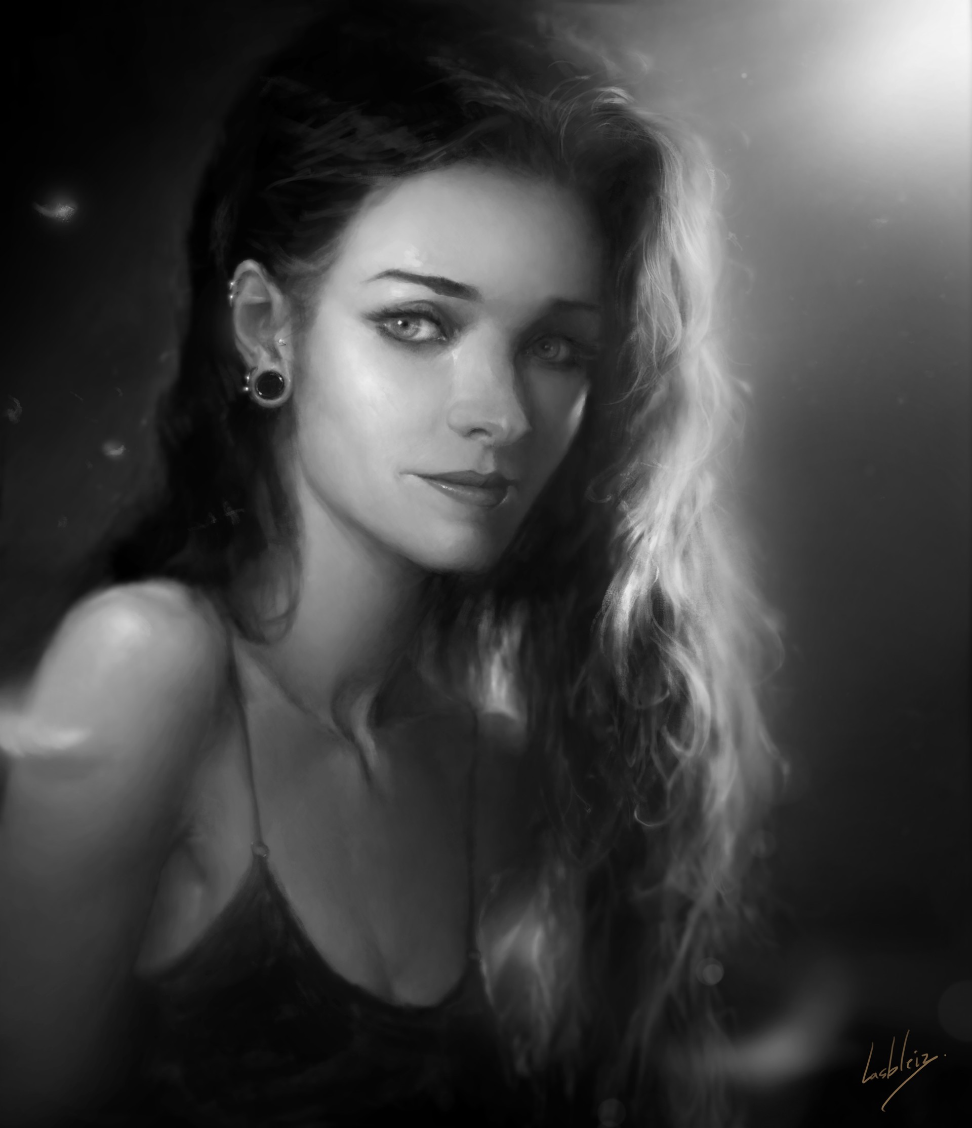 Black and white portrait of a woman with long wavy hair HD Wallpaper