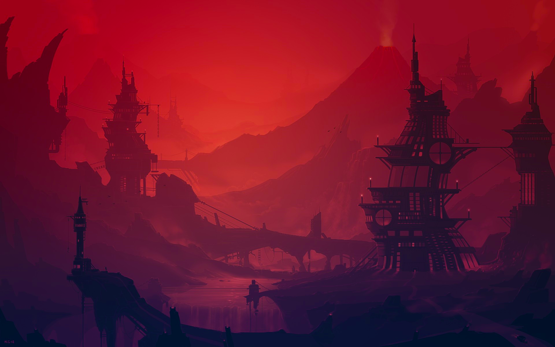 Futuristic city with volcano and mountains HD Wallpaper
