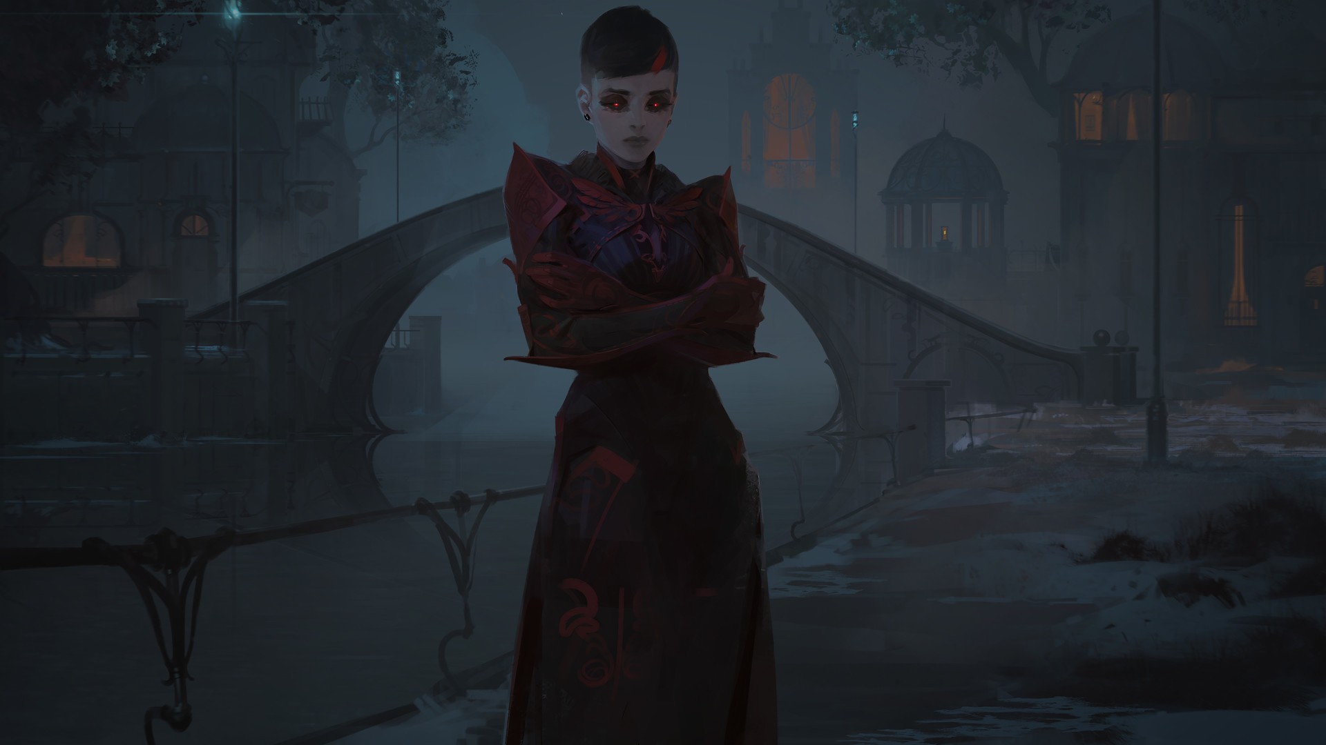 Woman with red eyes and dark clothing in a foggy city HD Wallpaper