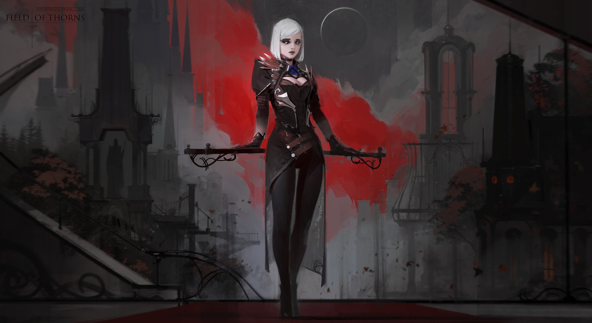 Woman in dark attire with red accents HD Wallpaper