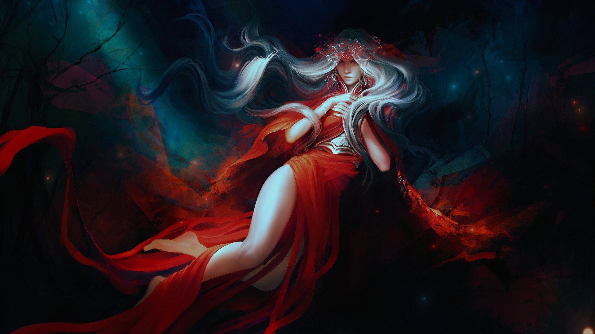 Fantasy art of a woman with long white hair in a red dress HD Wallpaper