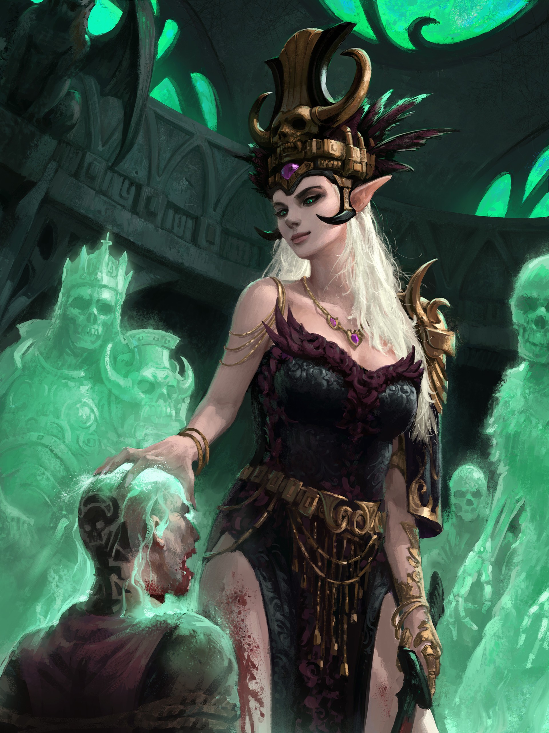 Fantasy art of a sorceress with undead minions HD Wallpaper