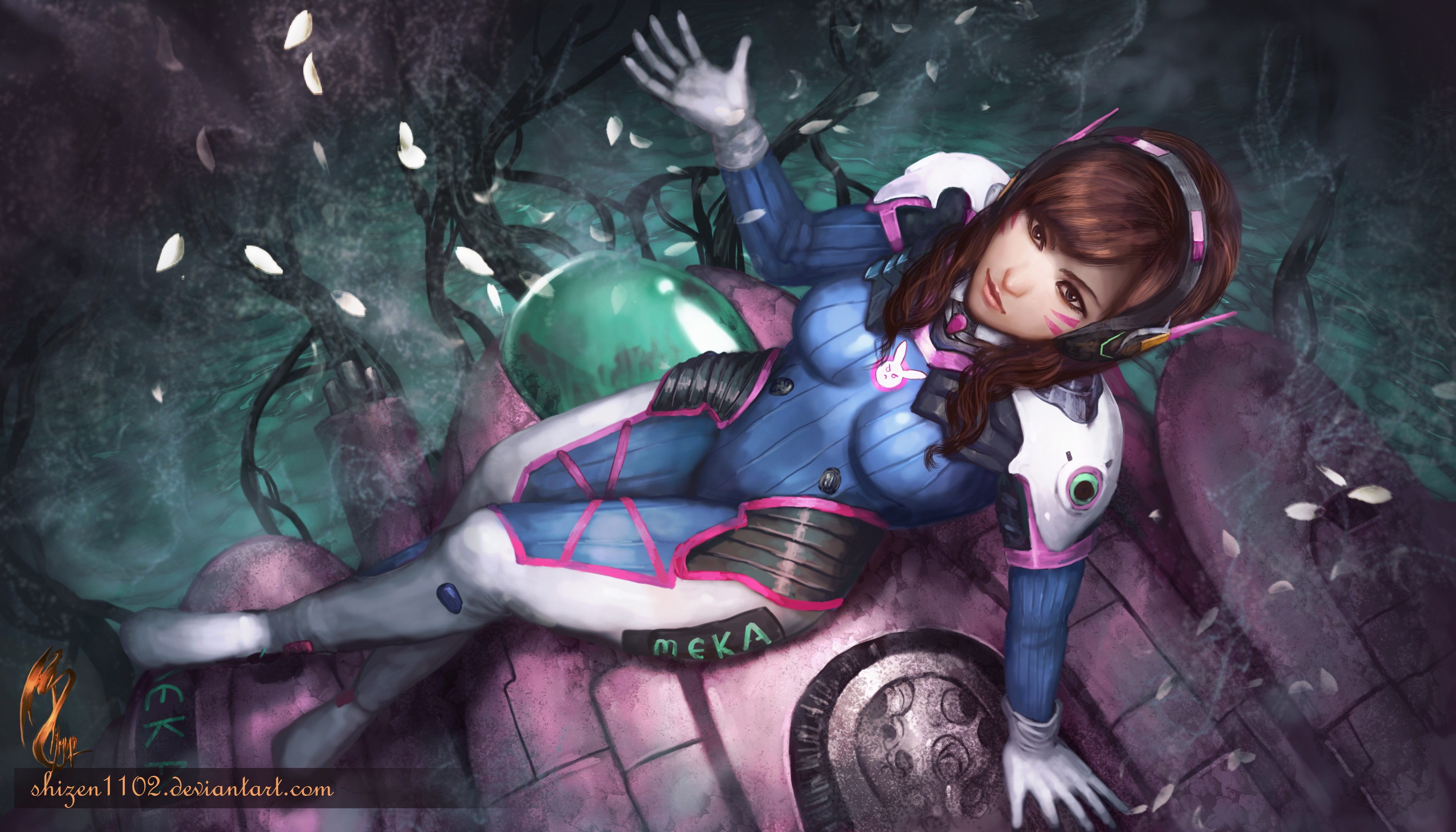 D.Va from Overwatch lying on MEKA parts HD Wallpaper