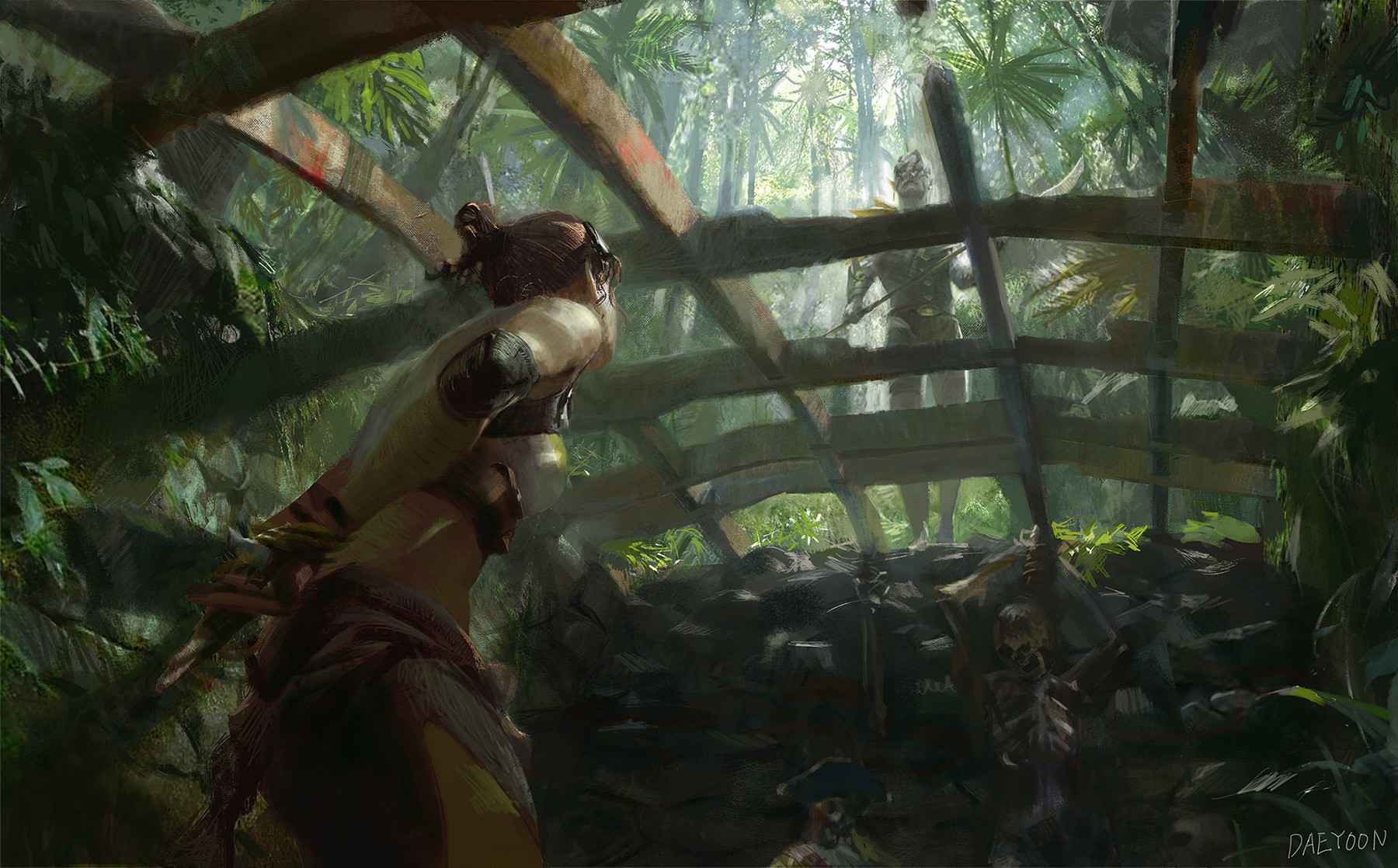 Warrior in a jungle prison with a sword HD Wallpaper