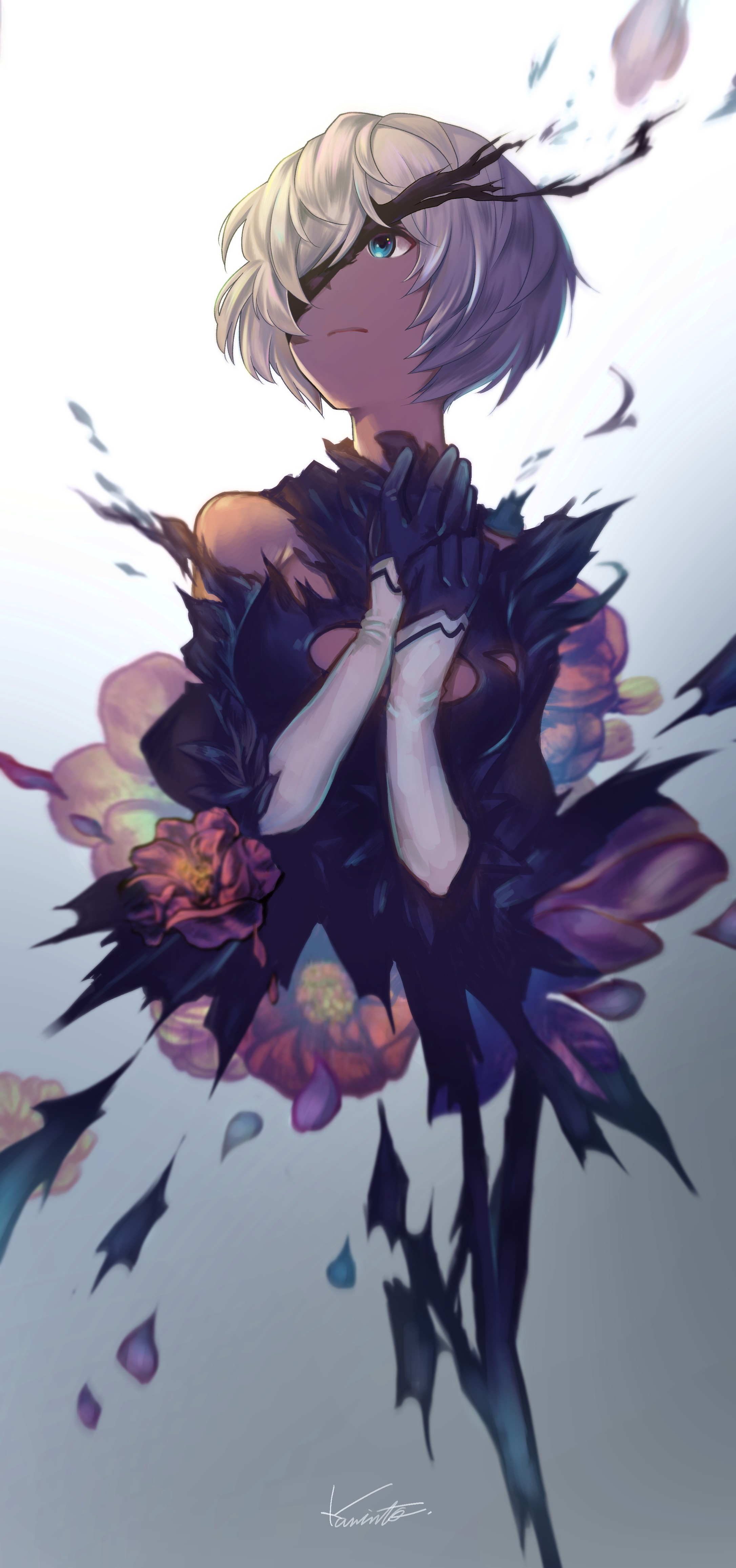 2B from NieR: Automata with torn clothes and flowers HD Wallpaper