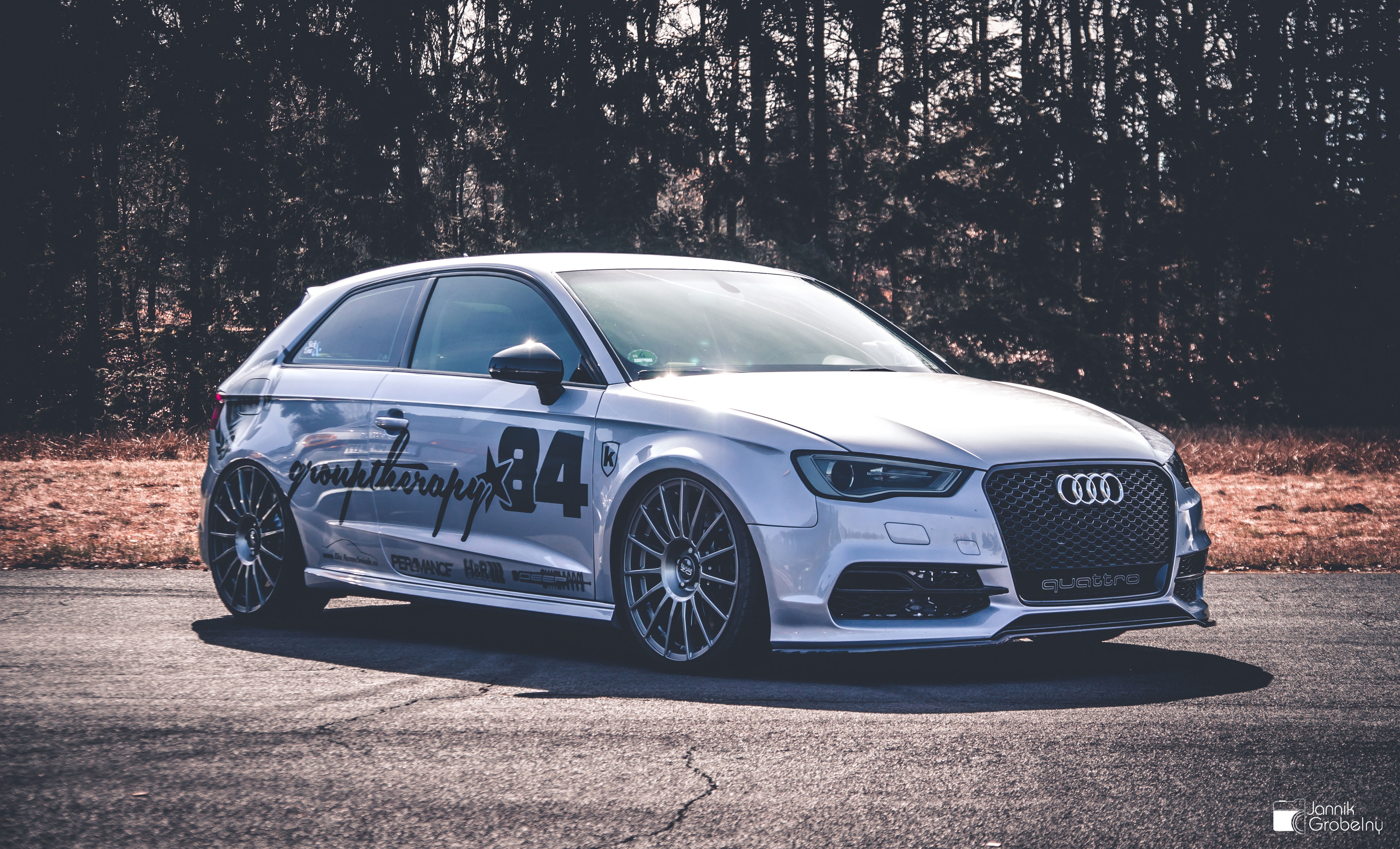 Silver Audi RS3 Quattro with racing decals HD Wallpaper
