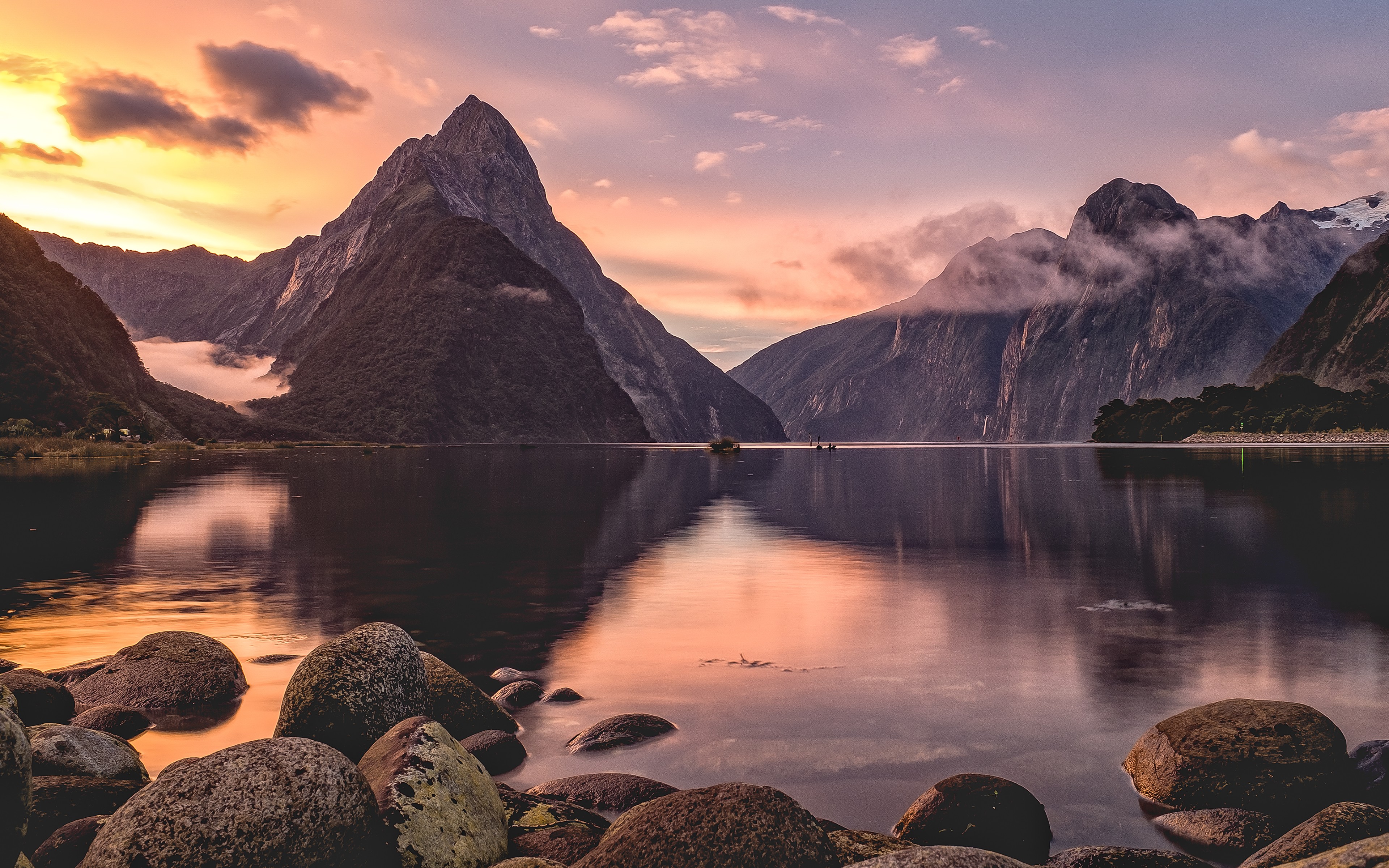 Milford Sound at sunset with mountains and lake HD Wallpaper