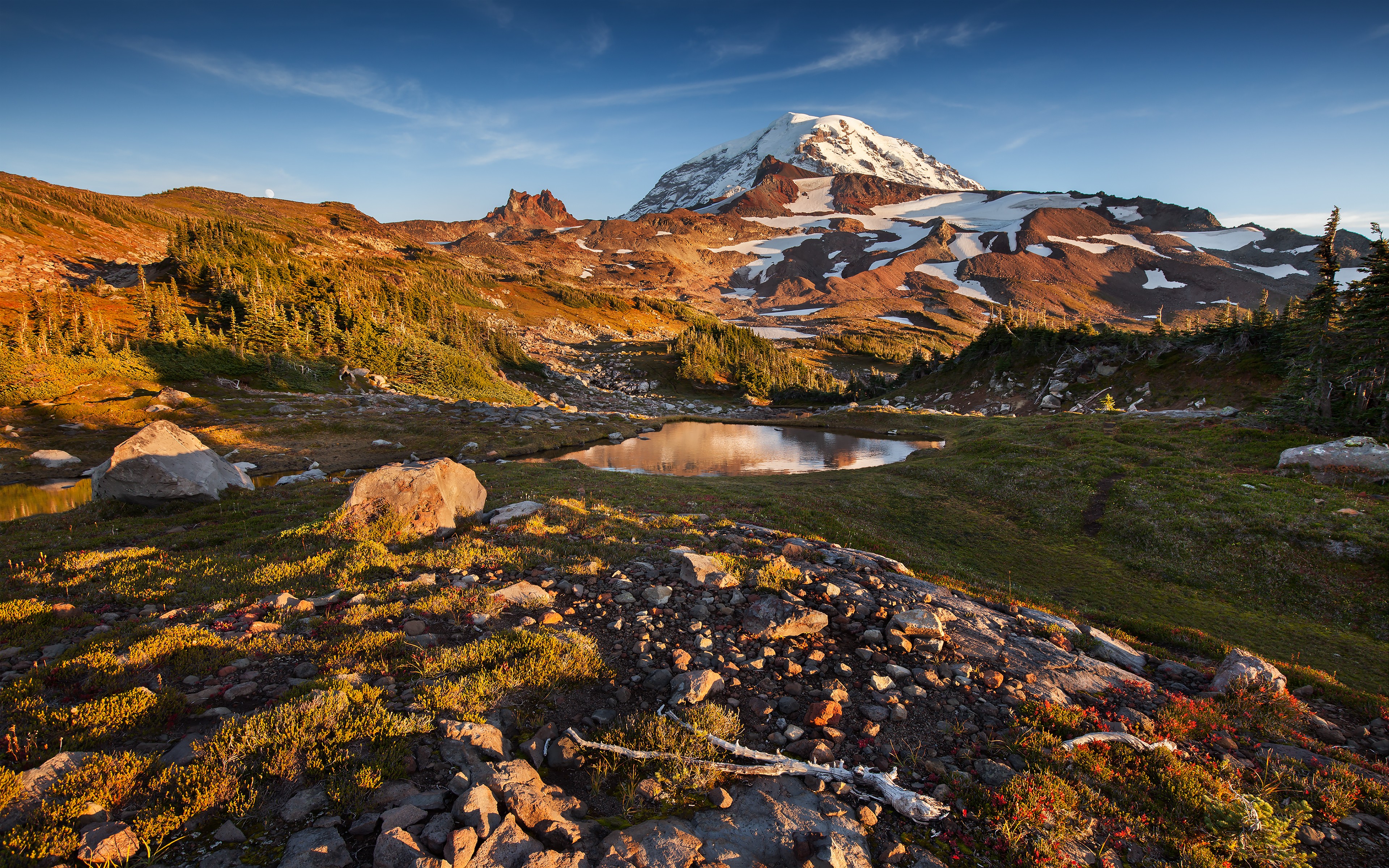 Mountain landscape with a lake and snow-capped peak HD Wallpaper